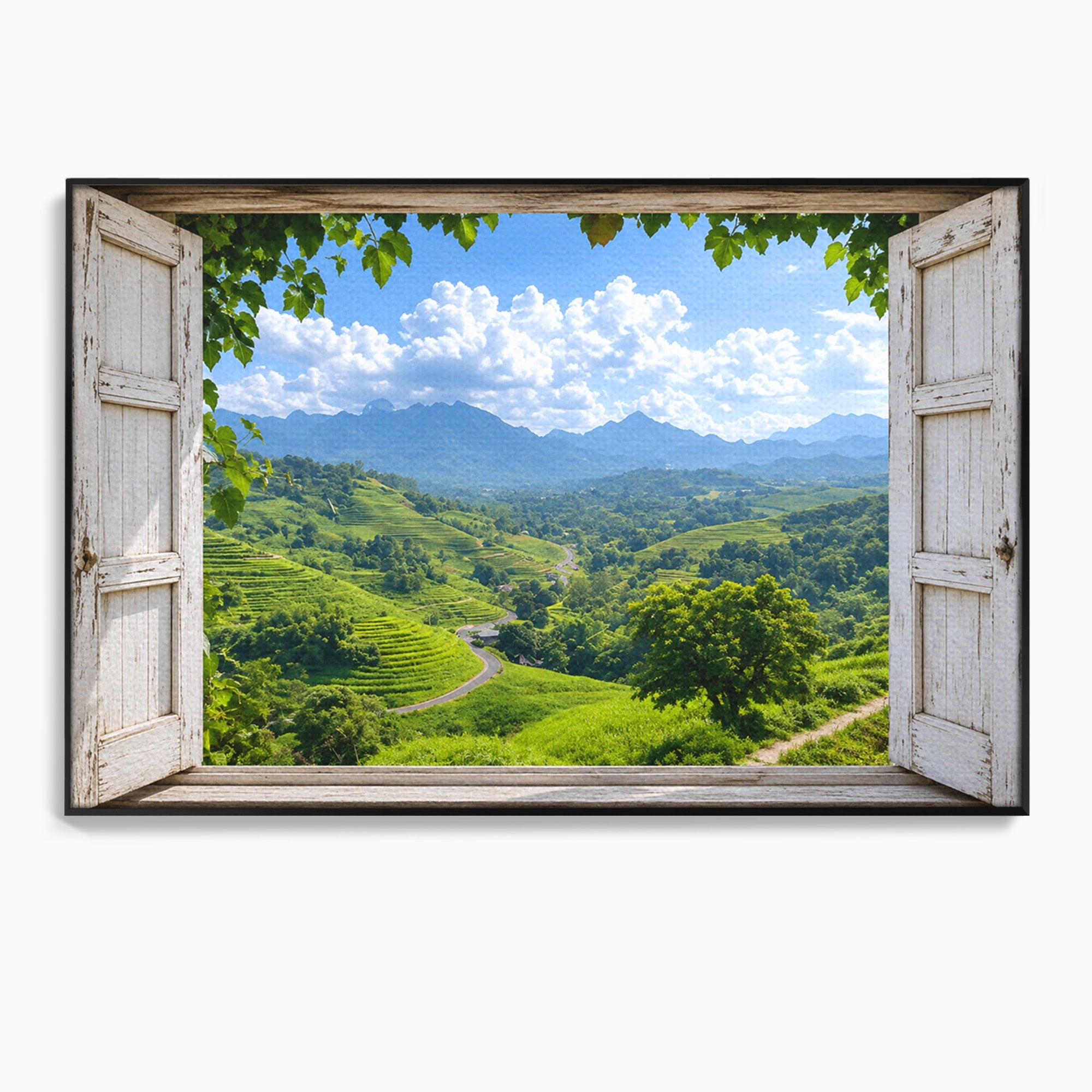 Tablou Canvas Premium LuxCanva® A1689, Priveliște Montană Din Fereastră, Peisaj, Munti, Fereastra, Natura, Living, Culori Vibrante