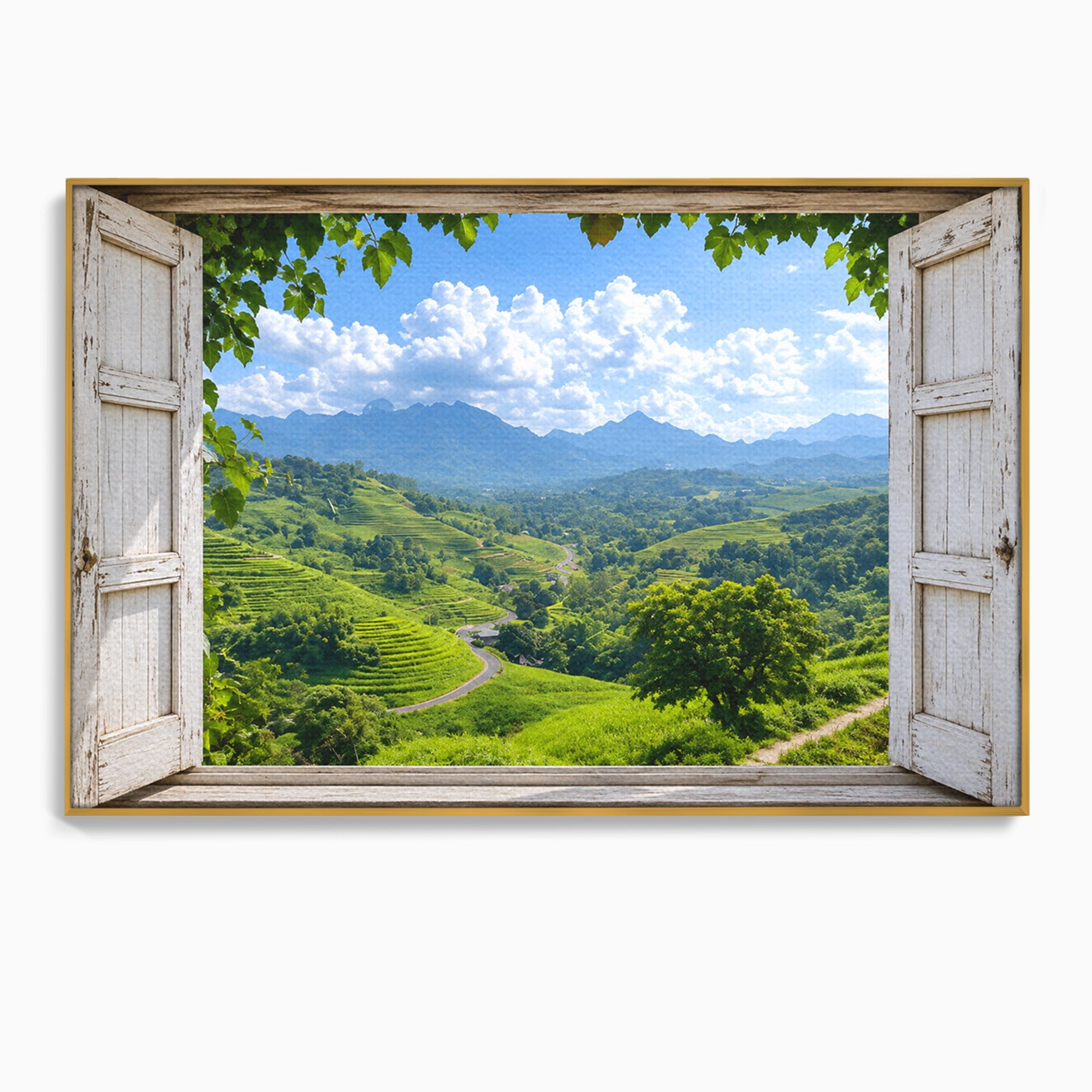 Tablou Canvas Premium LuxCanva® A1689, Priveliște Montană Din Fereastră, Peisaj, Munti, Fereastra, Natura, Living, Culori Vibrante