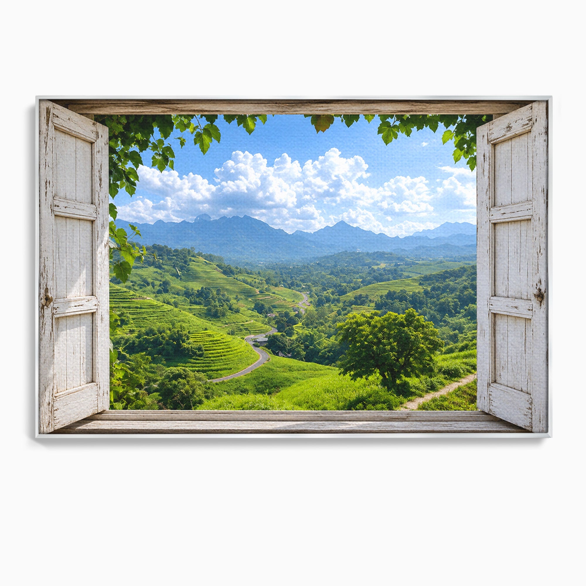 Tablou Canvas Premium LuxCanva® A1689, Priveliște Montană Din Fereastră, Peisaj, Munti, Fereastra, Natura, Living, Culori Vibrante