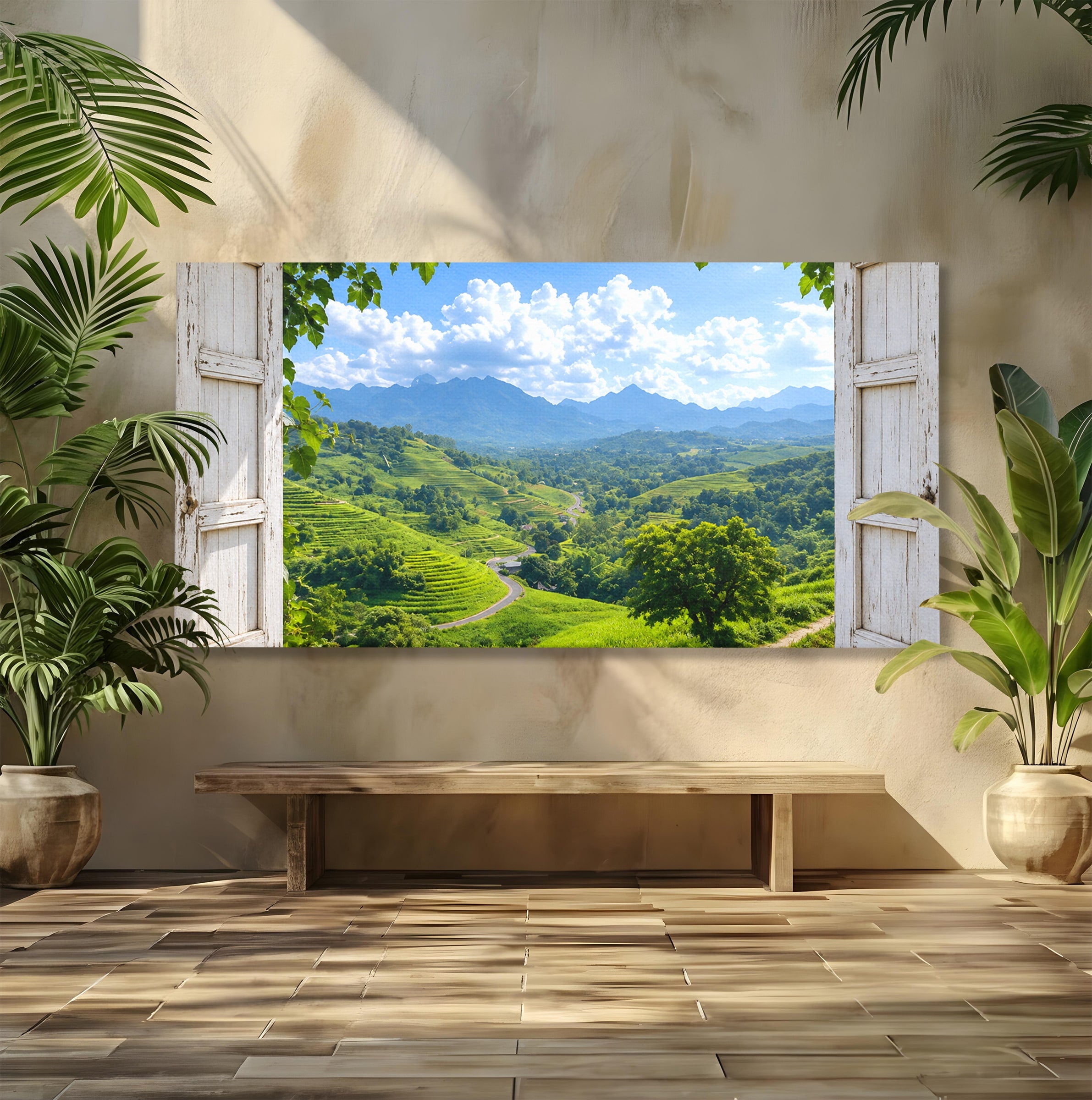 Tablou Canvas Premium LuxCanva® A1689, Priveliște Montană Din Fereastră, Peisaj, Munti, Fereastra, Natura, Living, Culori Vibrante