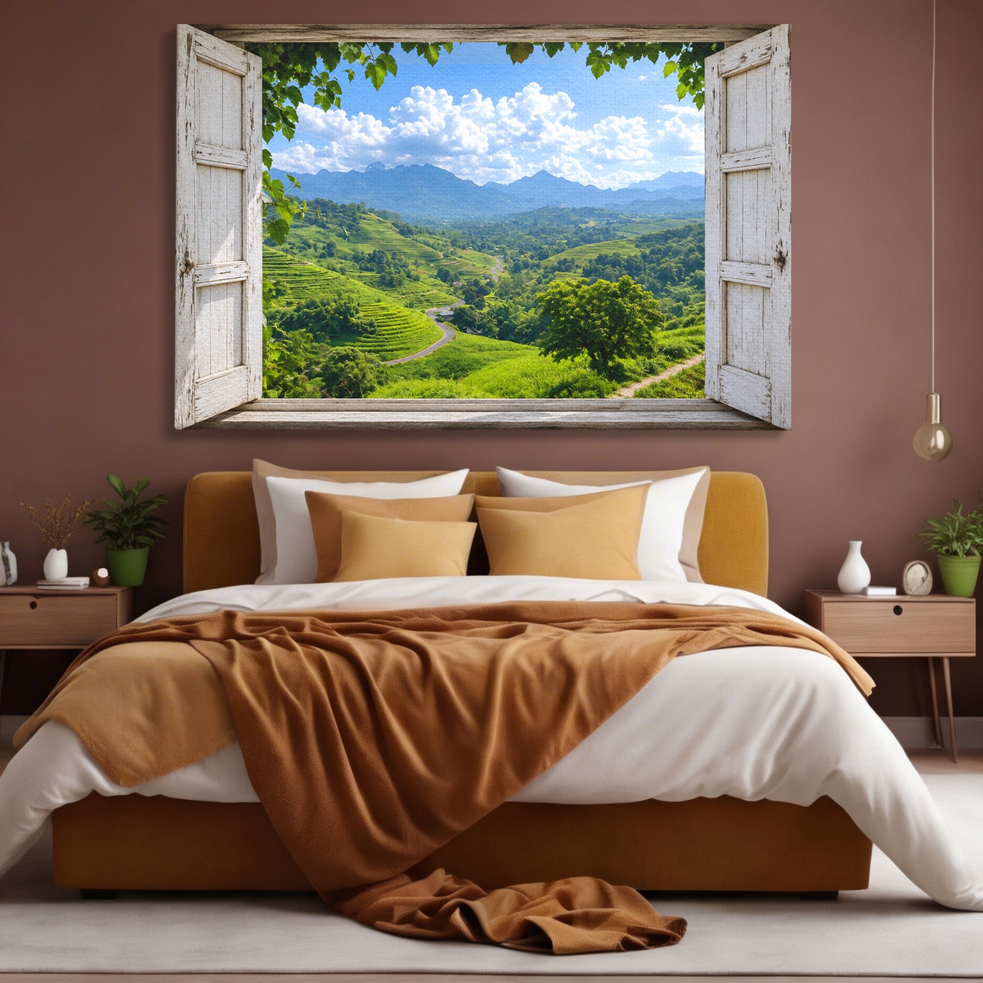 Tablou Canvas Premium LuxCanva® A1689, Priveliște Montană Din Fereastră, Peisaj, Munti, Fereastra, Natura, Living, Culori Vibrante
