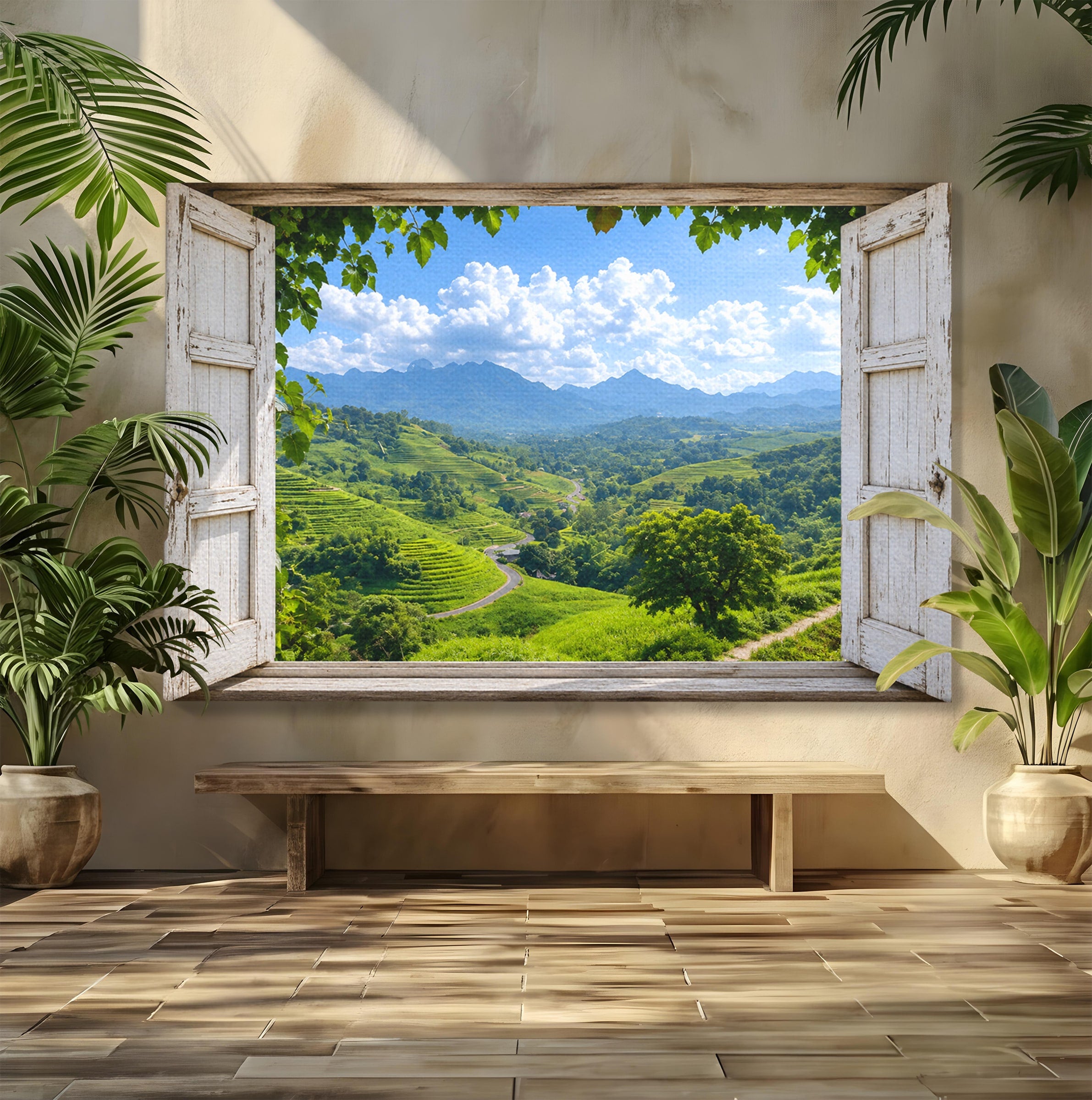 Tablou Canvas Premium LuxCanva® A1689, Priveliște Montană Din Fereastră, Peisaj, Munti, Fereastra, Natura, Living, Culori Vibrante