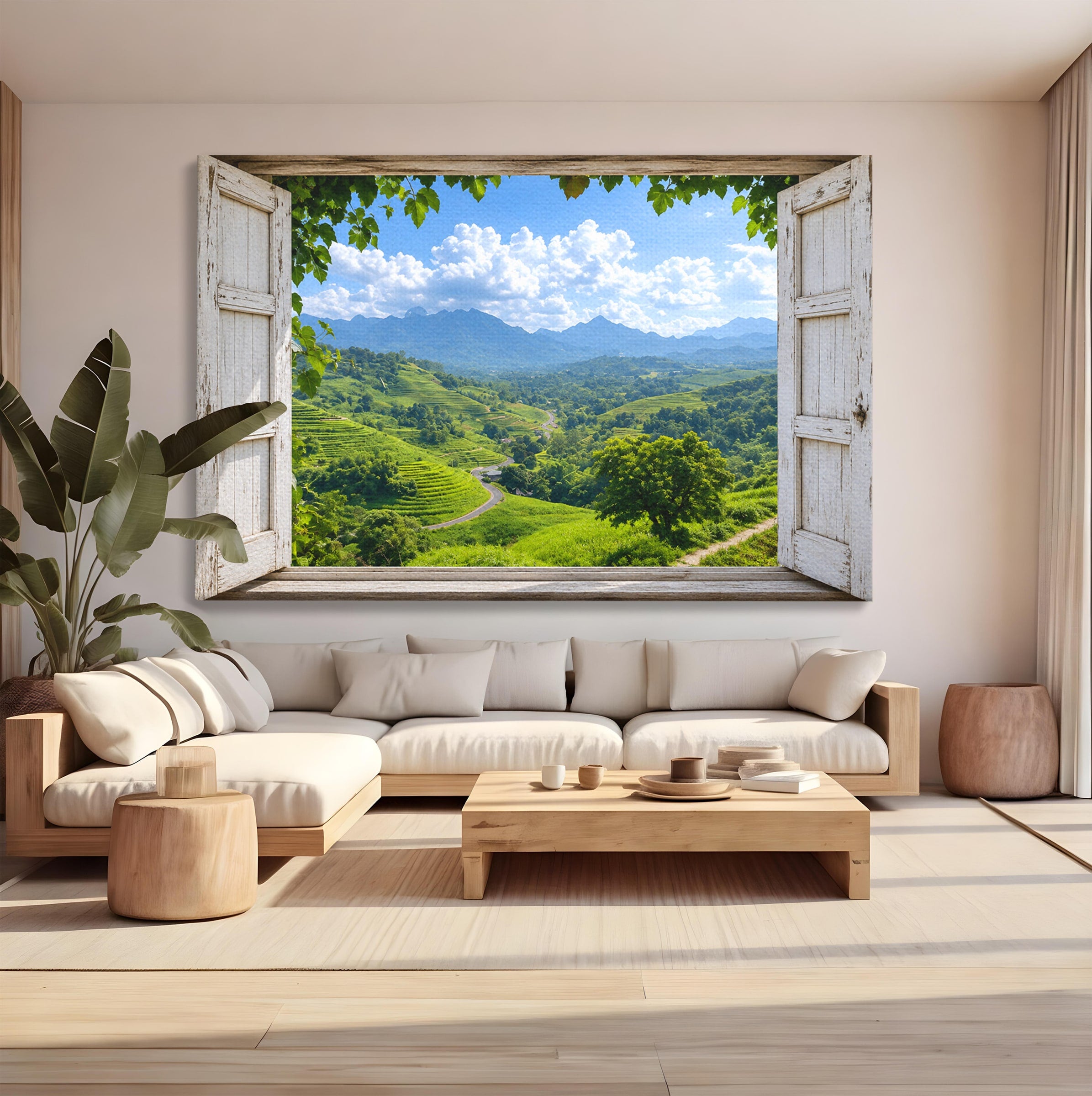Tablou Canvas Premium LuxCanva® A1689, Priveliște Montană Din Fereastră, Peisaj, Munti, Fereastra, Natura, Living, Culori Vibrante