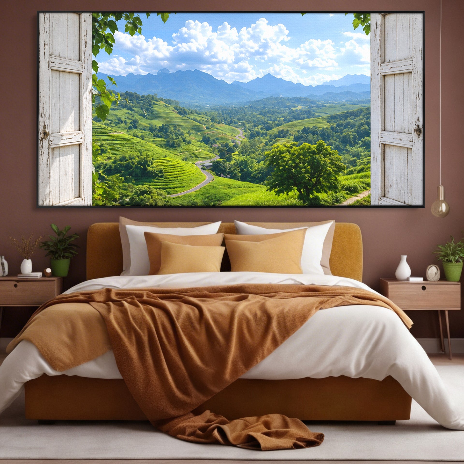Tablou Canvas Premium LuxCanva® A1689, Priveliște Montană Din Fereastră, Peisaj, Munti, Fereastra, Natura, Living, Culori Vibrante