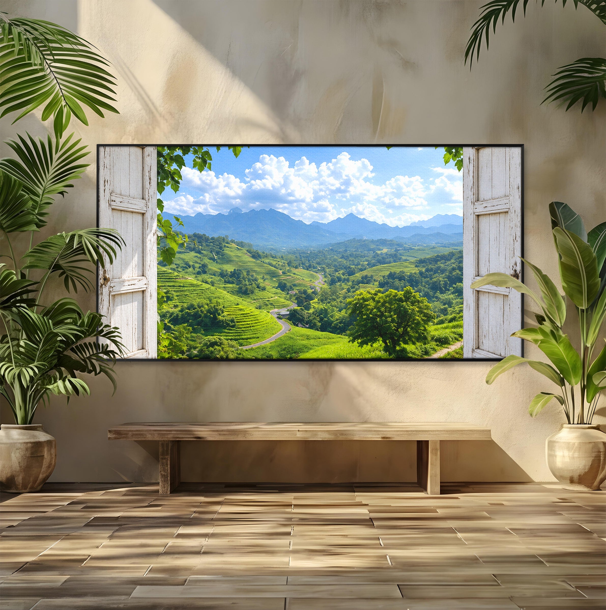 Tablou Canvas Premium LuxCanva® A1689, Priveliște Montană Din Fereastră, Peisaj, Munti, Fereastra, Natura, Living, Culori Vibrante