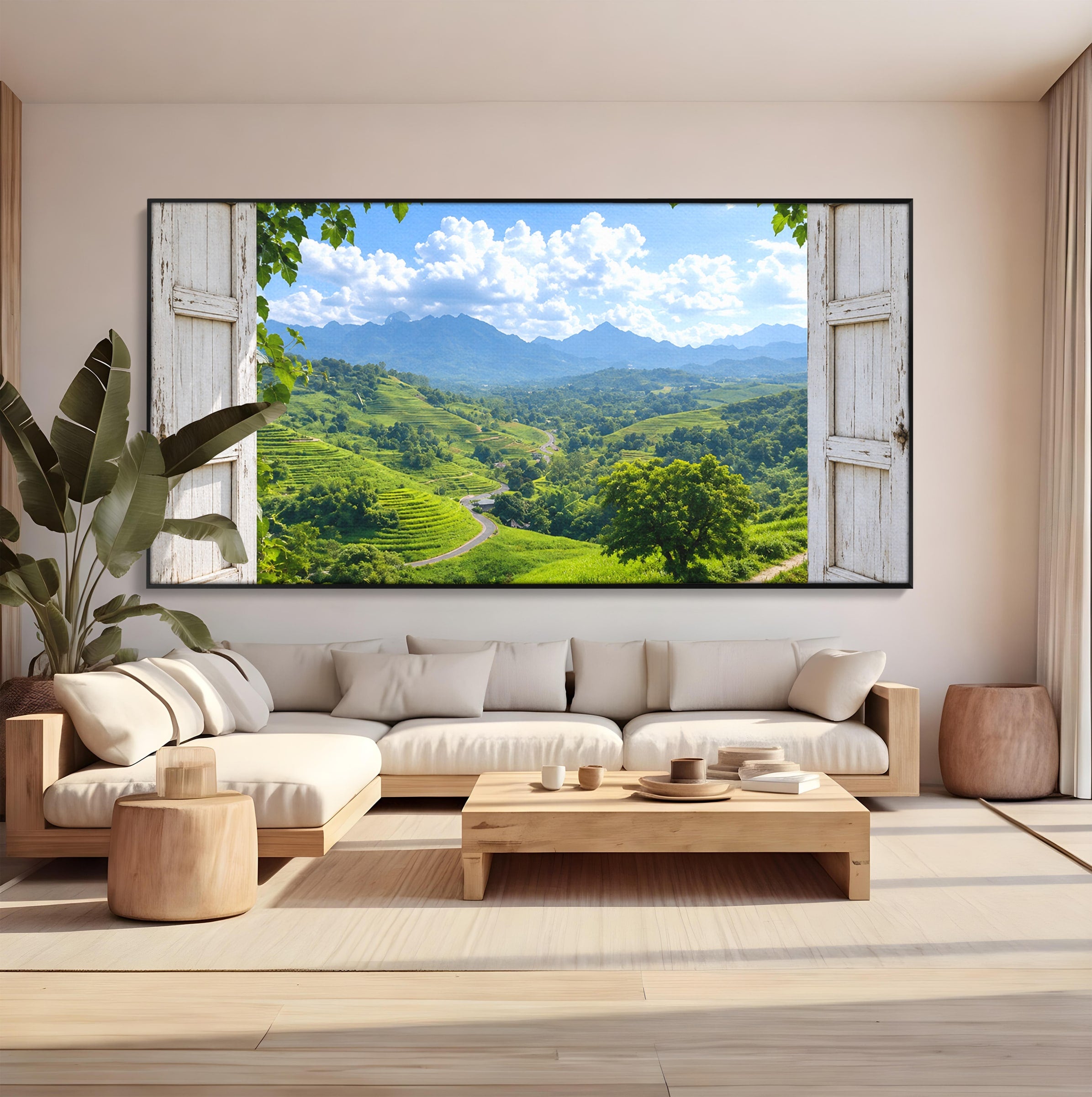 Tablou Canvas Premium LuxCanva® A1689, Priveliște Montană Din Fereastră, Peisaj, Munti, Fereastra, Natura, Living, Culori Vibrante