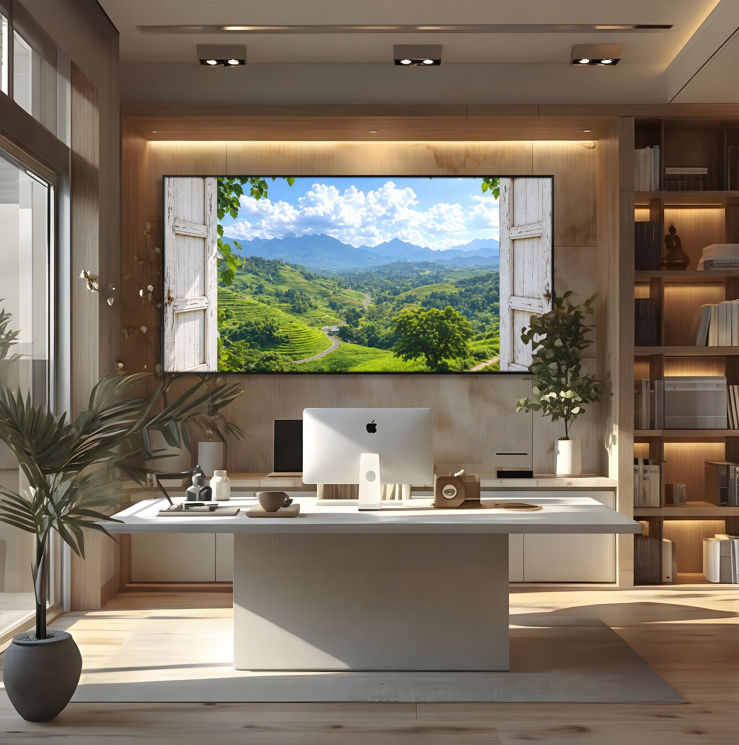 Tablou Canvas Premium LuxCanva® A1689, Priveliște Montană Din Fereastră, Peisaj, Munti, Fereastra, Natura, Living, Culori Vibrante