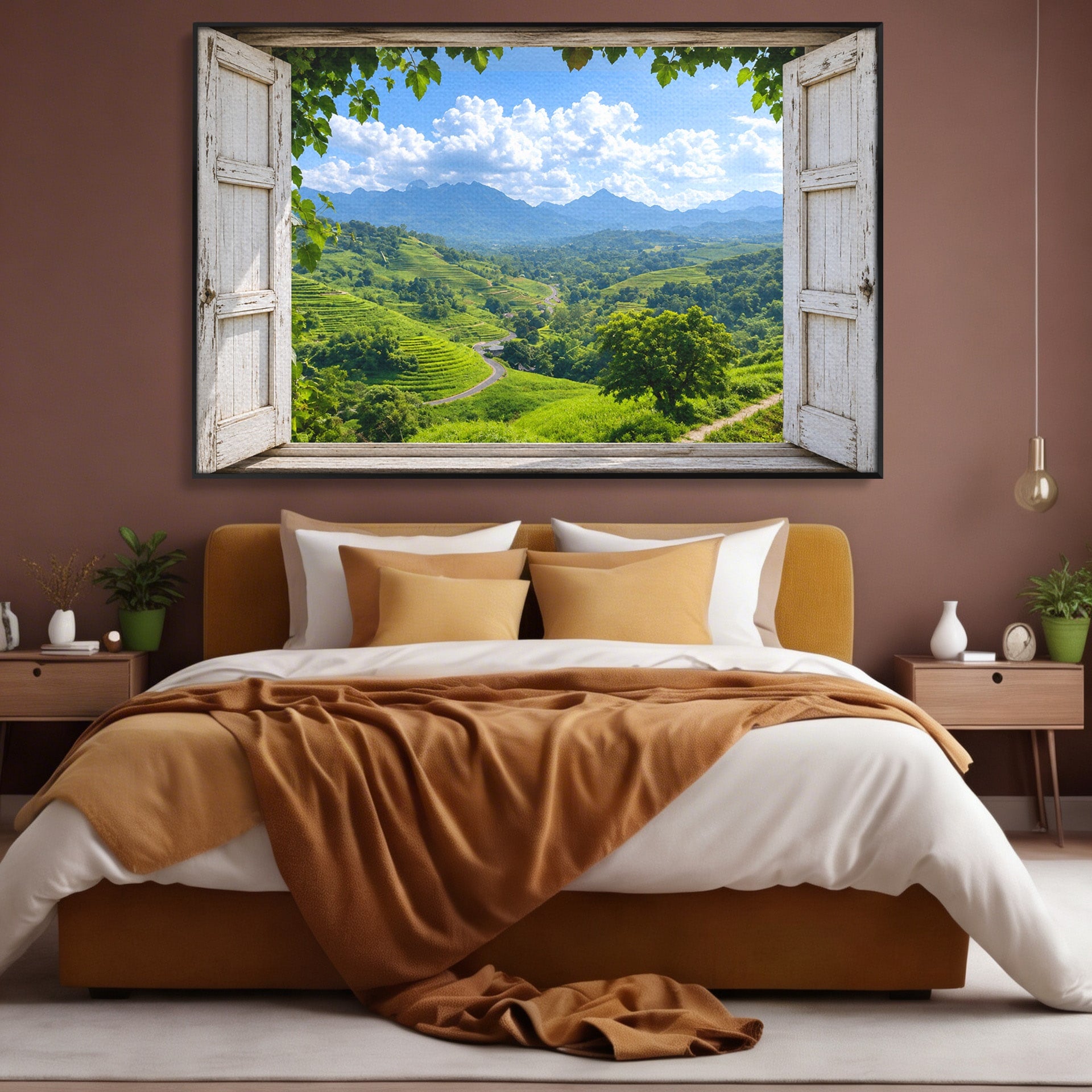 Tablou Canvas Premium LuxCanva® A1689, Priveliște Montană Din Fereastră, Peisaj, Munti, Fereastra, Natura, Living, Culori Vibrante