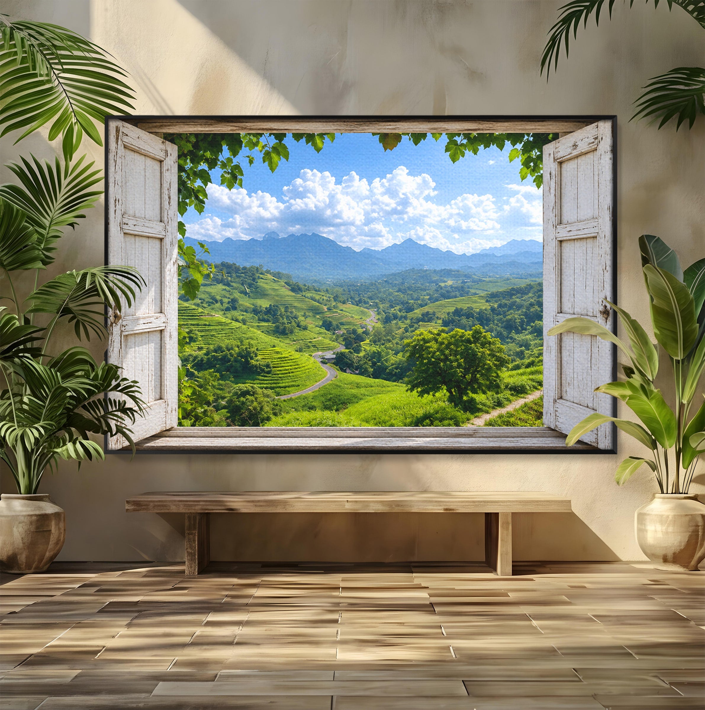 Tablou Canvas Premium LuxCanva® A1689, Priveliște Montană Din Fereastră, Peisaj, Munti, Fereastra, Natura, Living, Culori Vibrante
