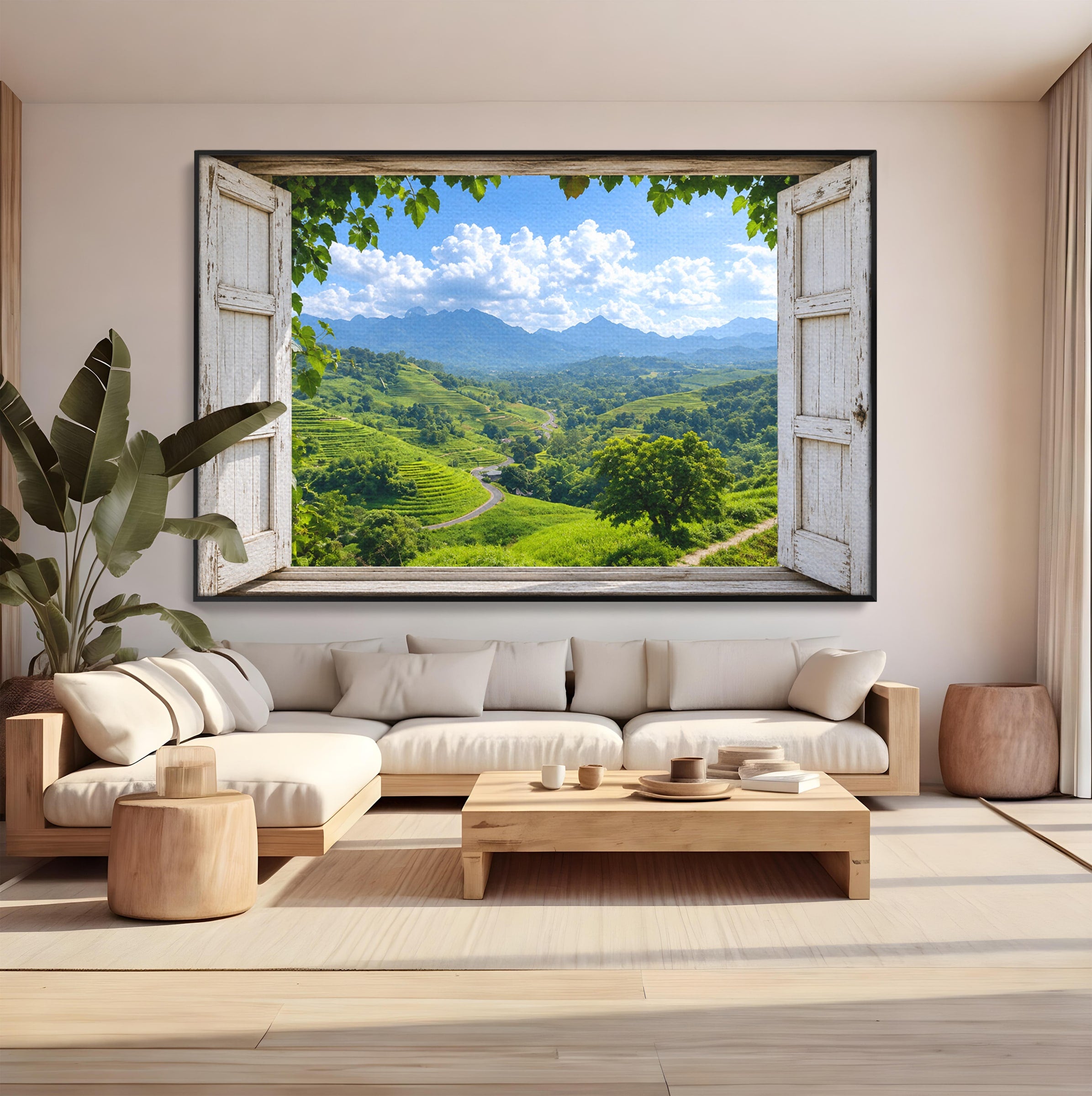 Tablou Canvas Premium LuxCanva® A1689, Priveliște Montană Din Fereastră, Peisaj, Munti, Fereastra, Natura, Living, Culori Vibrante