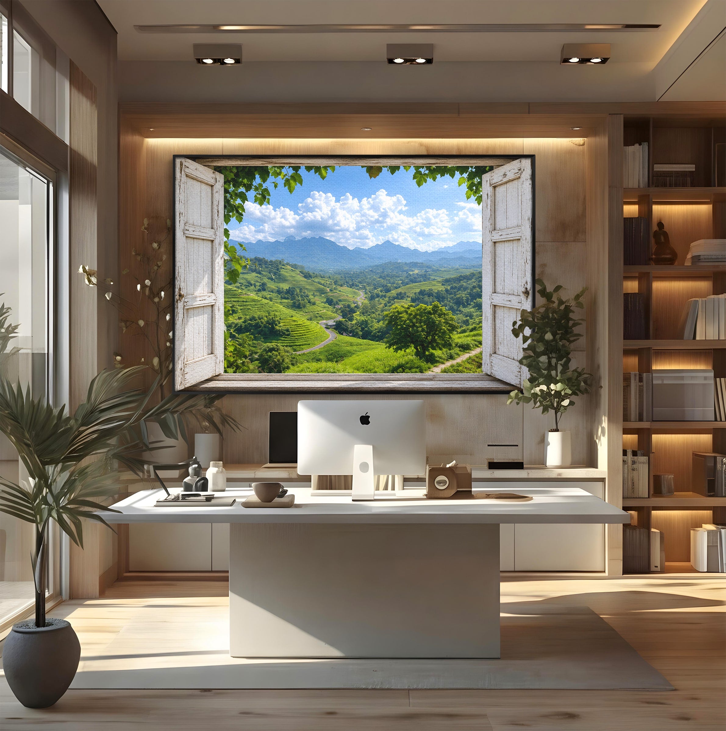 Tablou Canvas Premium LuxCanva® A1689, Priveliște Montană Din Fereastră, Peisaj, Munti, Fereastra, Natura, Living, Culori Vibrante