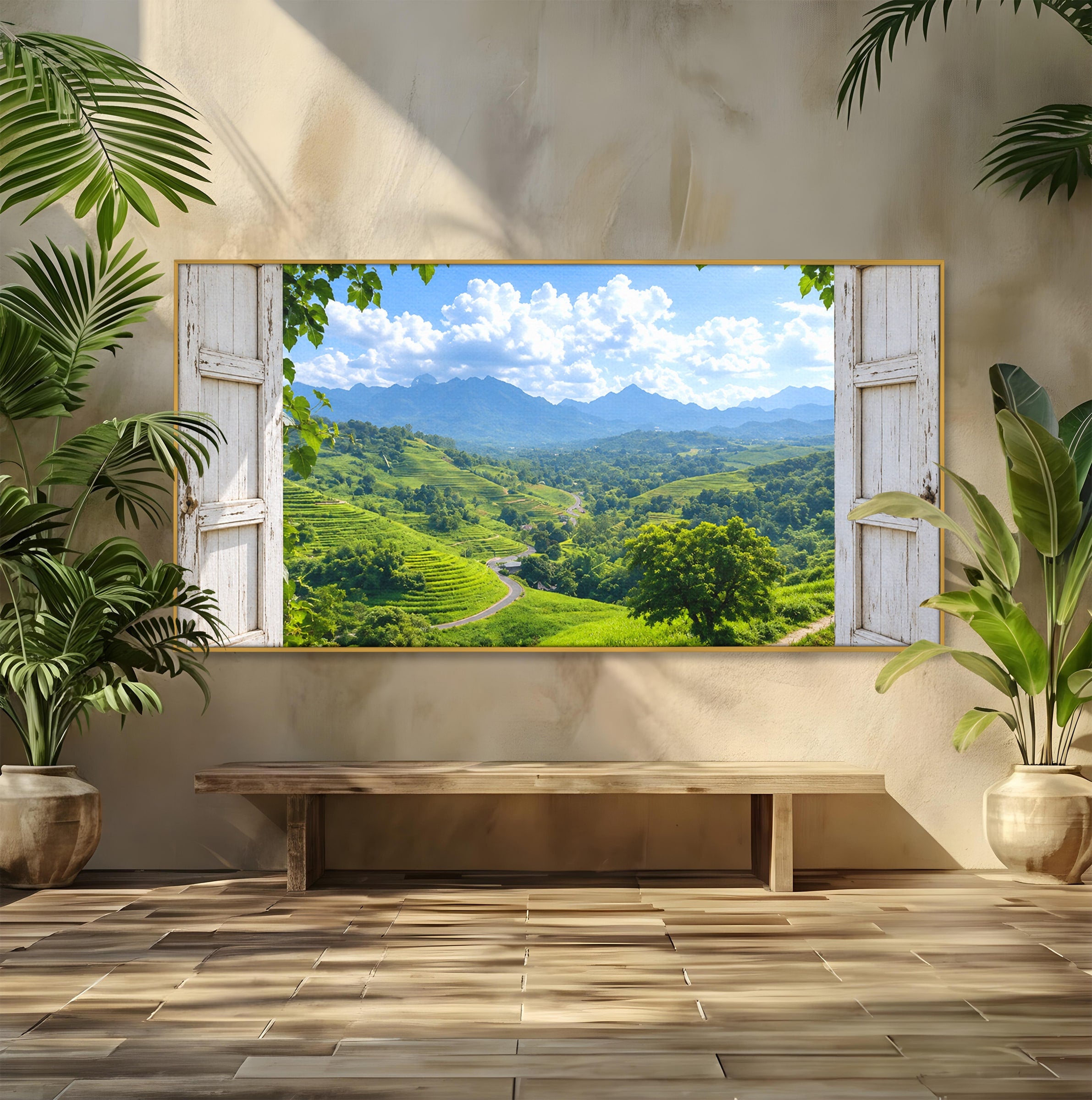 Tablou Canvas Premium LuxCanva® A1689, Priveliște Montană Din Fereastră, Peisaj, Munti, Fereastra, Natura, Living, Culori Vibrante