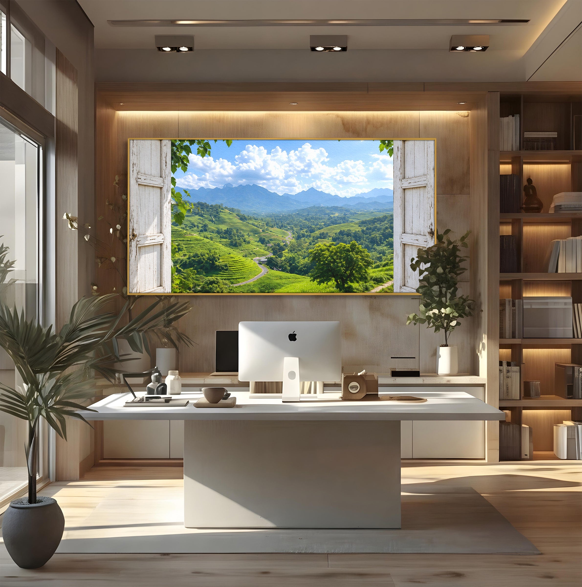 Tablou Canvas Premium LuxCanva® A1689, Priveliște Montană Din Fereastră, Peisaj, Munti, Fereastra, Natura, Living, Culori Vibrante
