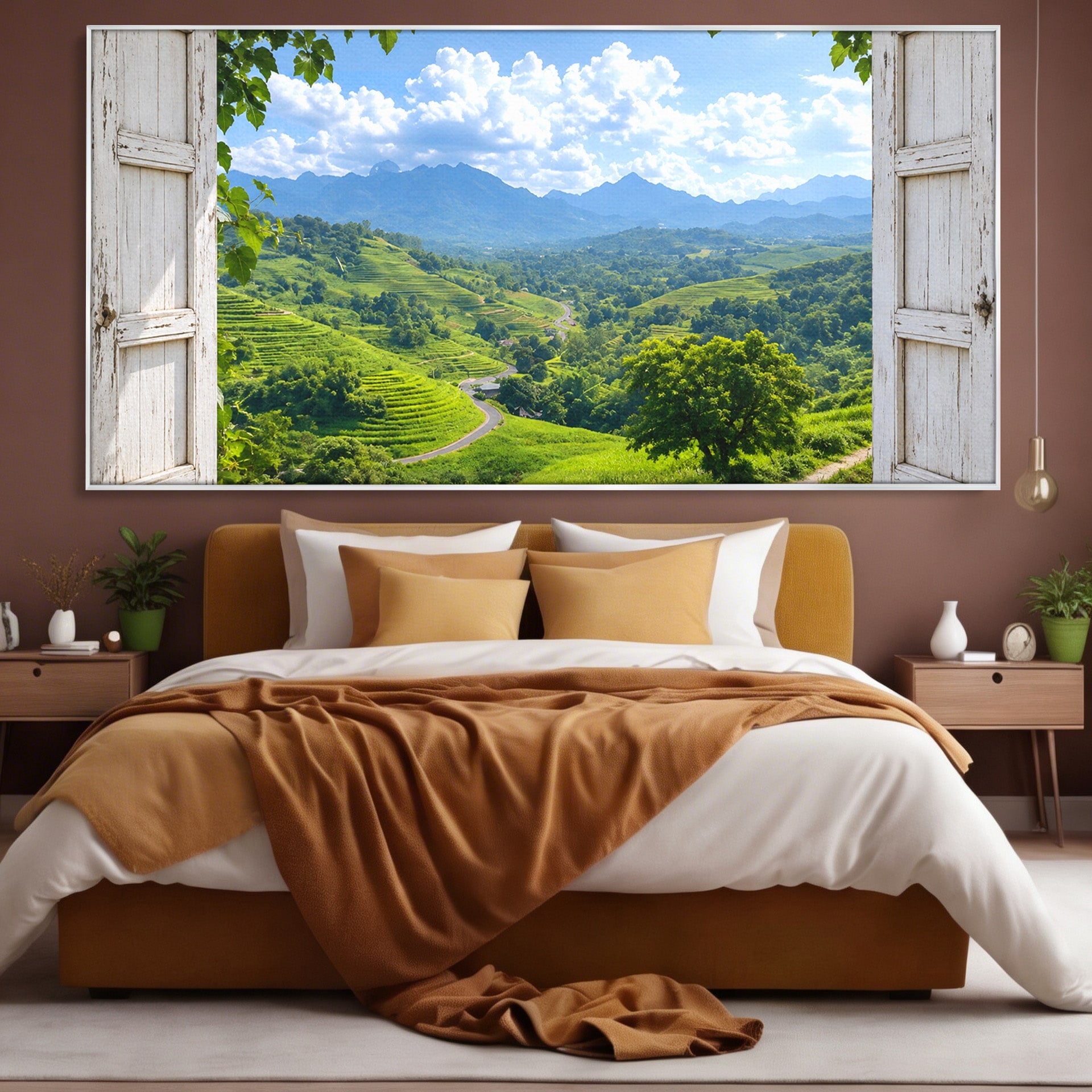 Tablou Canvas Premium LuxCanva® A1689, Priveliște Montană Din Fereastră, Peisaj, Munti, Fereastra, Natura, Living, Culori Vibrante