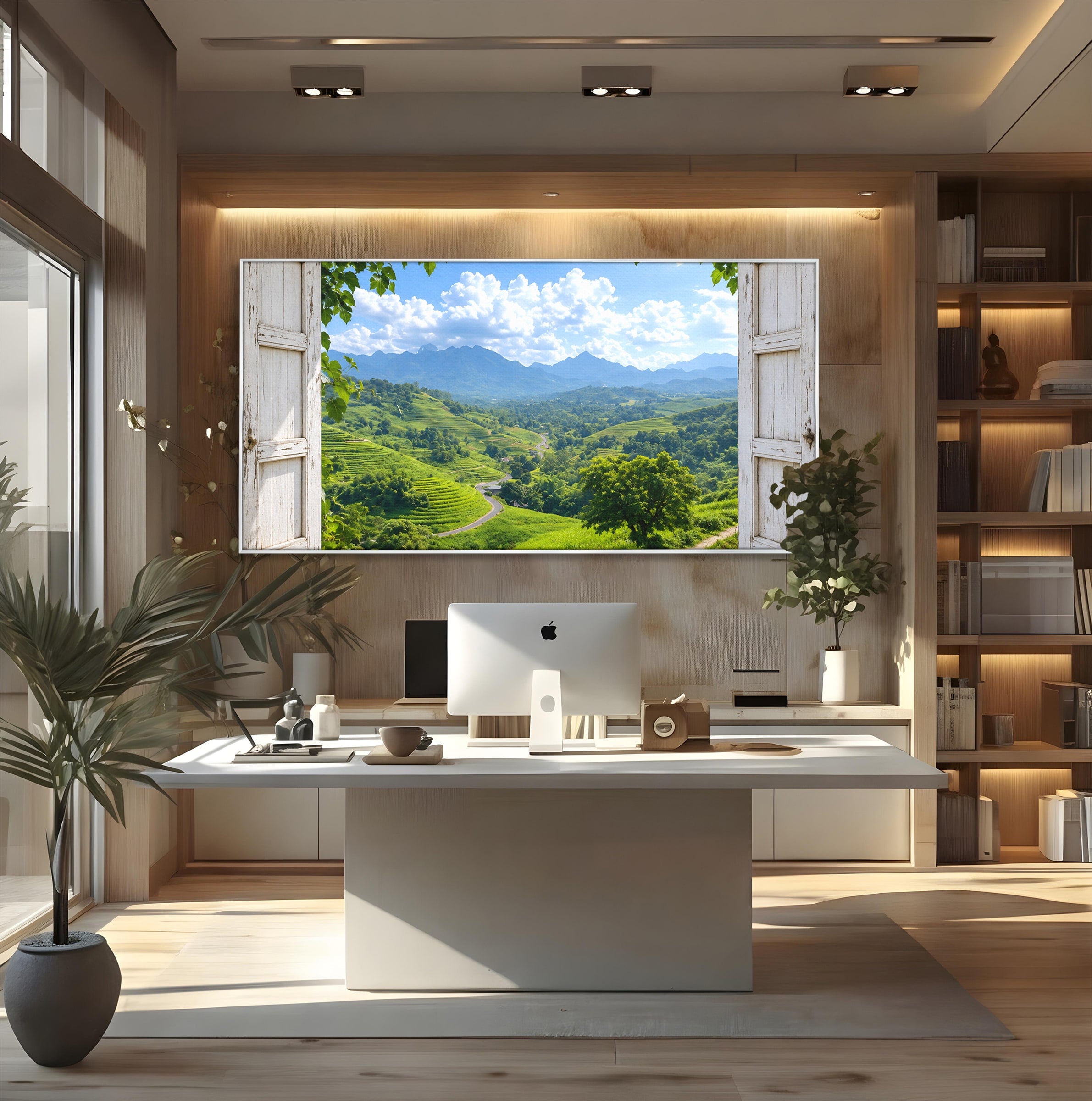 Tablou Canvas Premium LuxCanva® A1689, Priveliște Montană Din Fereastră, Peisaj, Munti, Fereastra, Natura, Living, Culori Vibrante