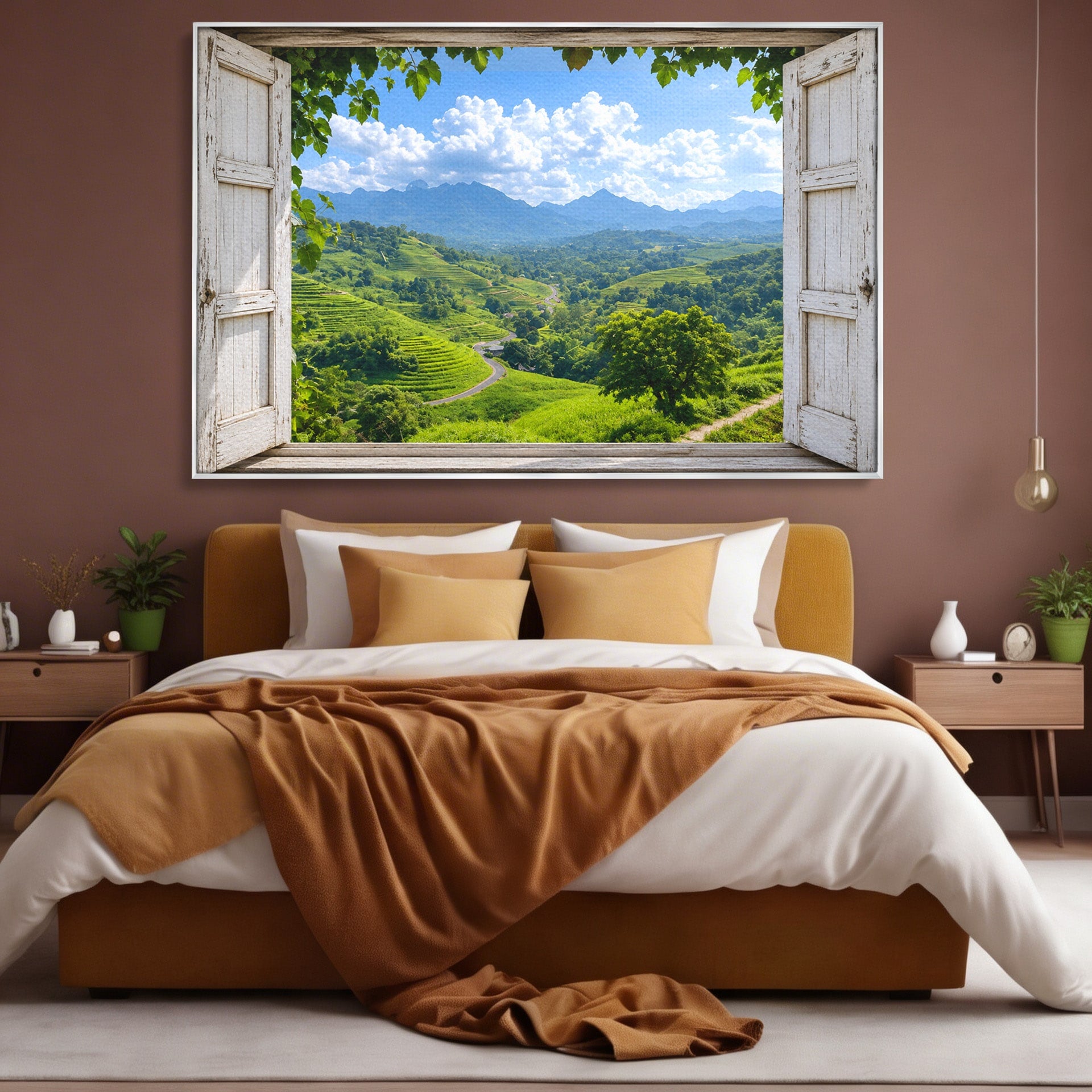 Tablou Canvas Premium LuxCanva® A1689, Priveliște Montană Din Fereastră, Peisaj, Munti, Fereastra, Natura, Living, Culori Vibrante