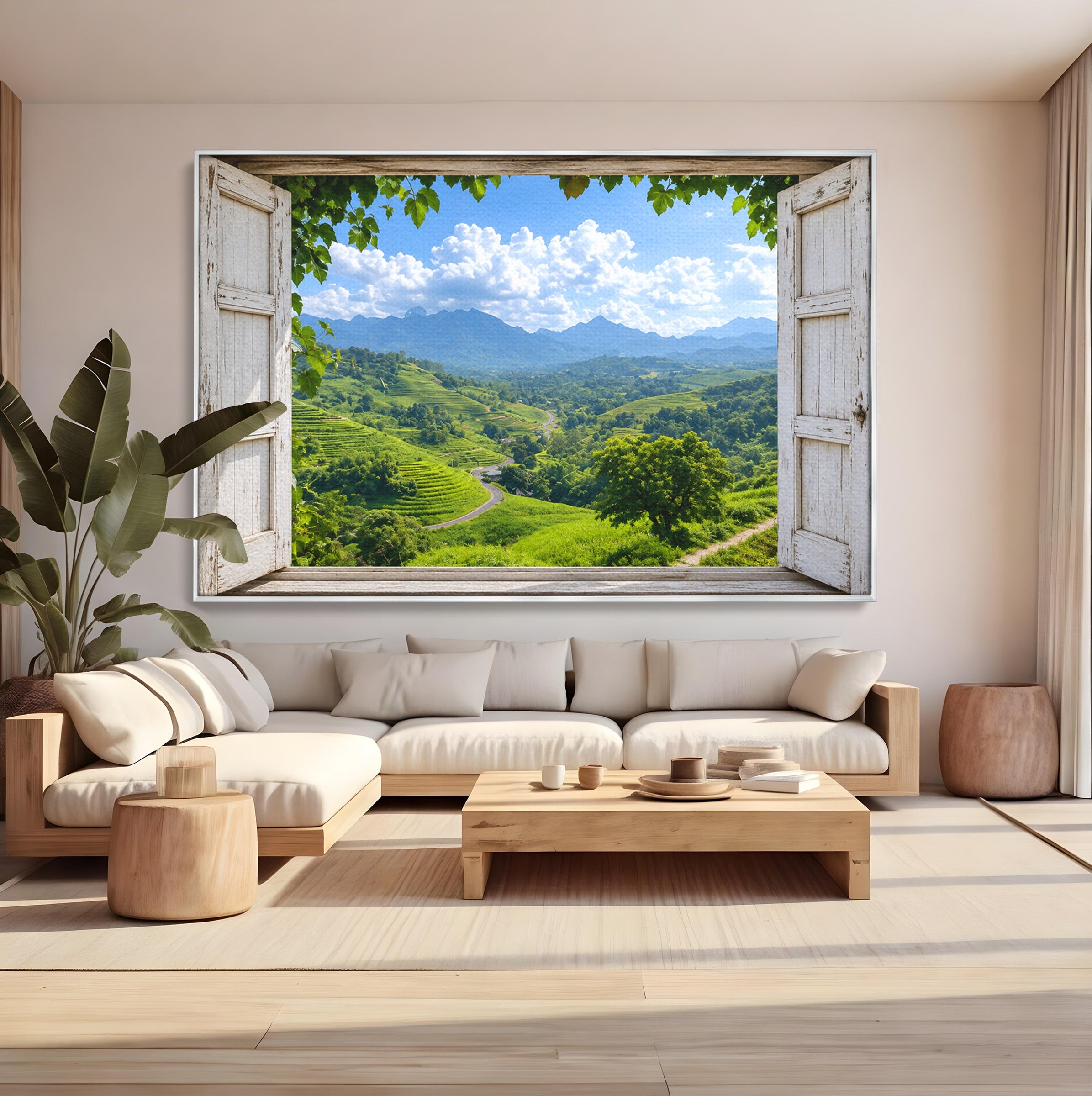 Tablou Canvas Premium LuxCanva® A1689, Priveliște Montană Din Fereastră, Peisaj, Munti, Fereastra, Natura, Living, Culori Vibrante