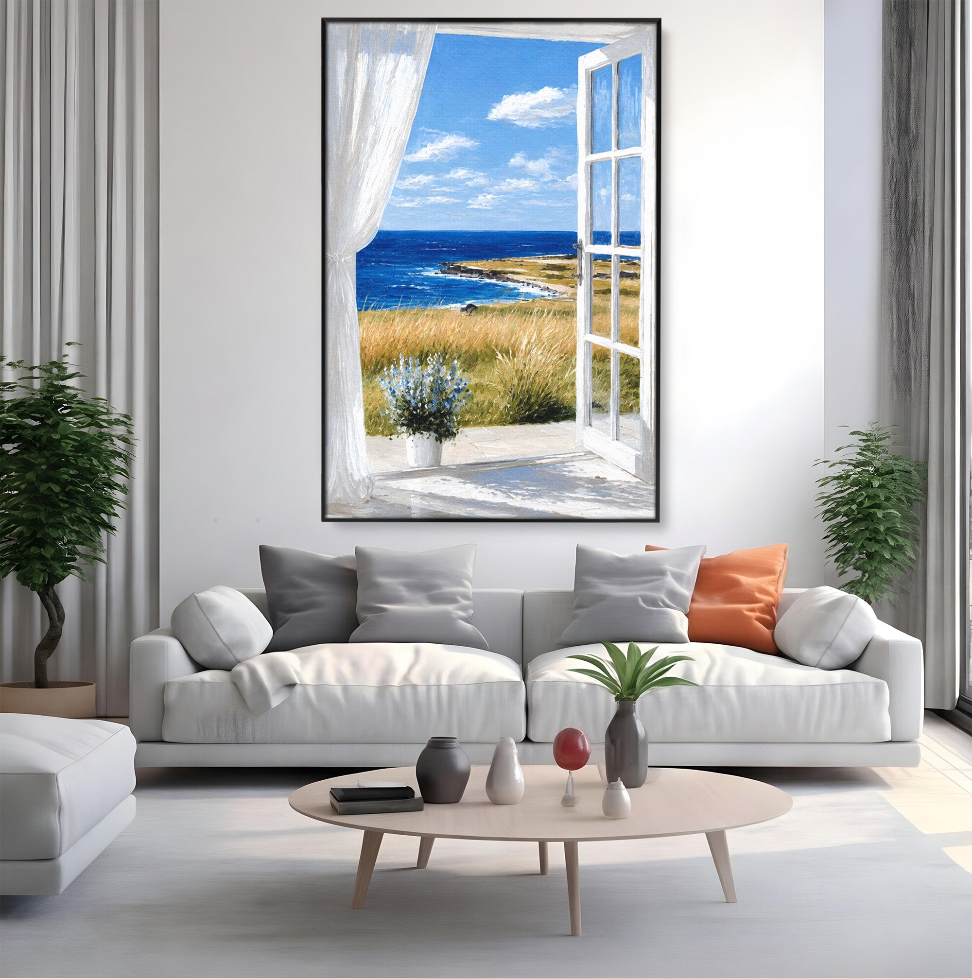 Tablou Canvas Premium LuxCanva® A1691, Vedere Spre Mare, Peisaj, Mare, Fereastra, Living, Relaxare, Culori Vibrante