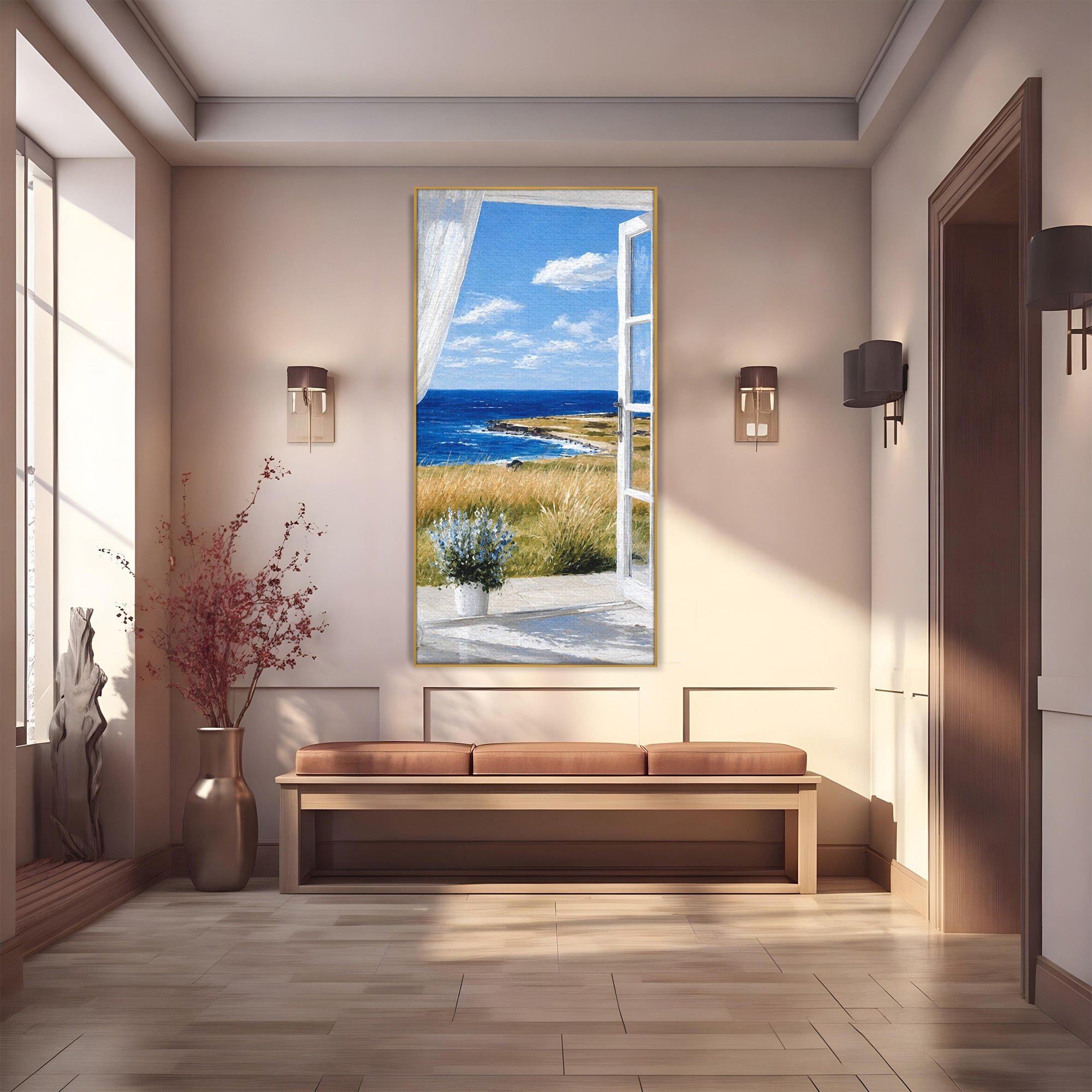 Tablou Canvas Premium LuxCanva® A1691, Vedere Spre Mare, Peisaj, Mare, Fereastra, Living, Relaxare, Culori Vibrante