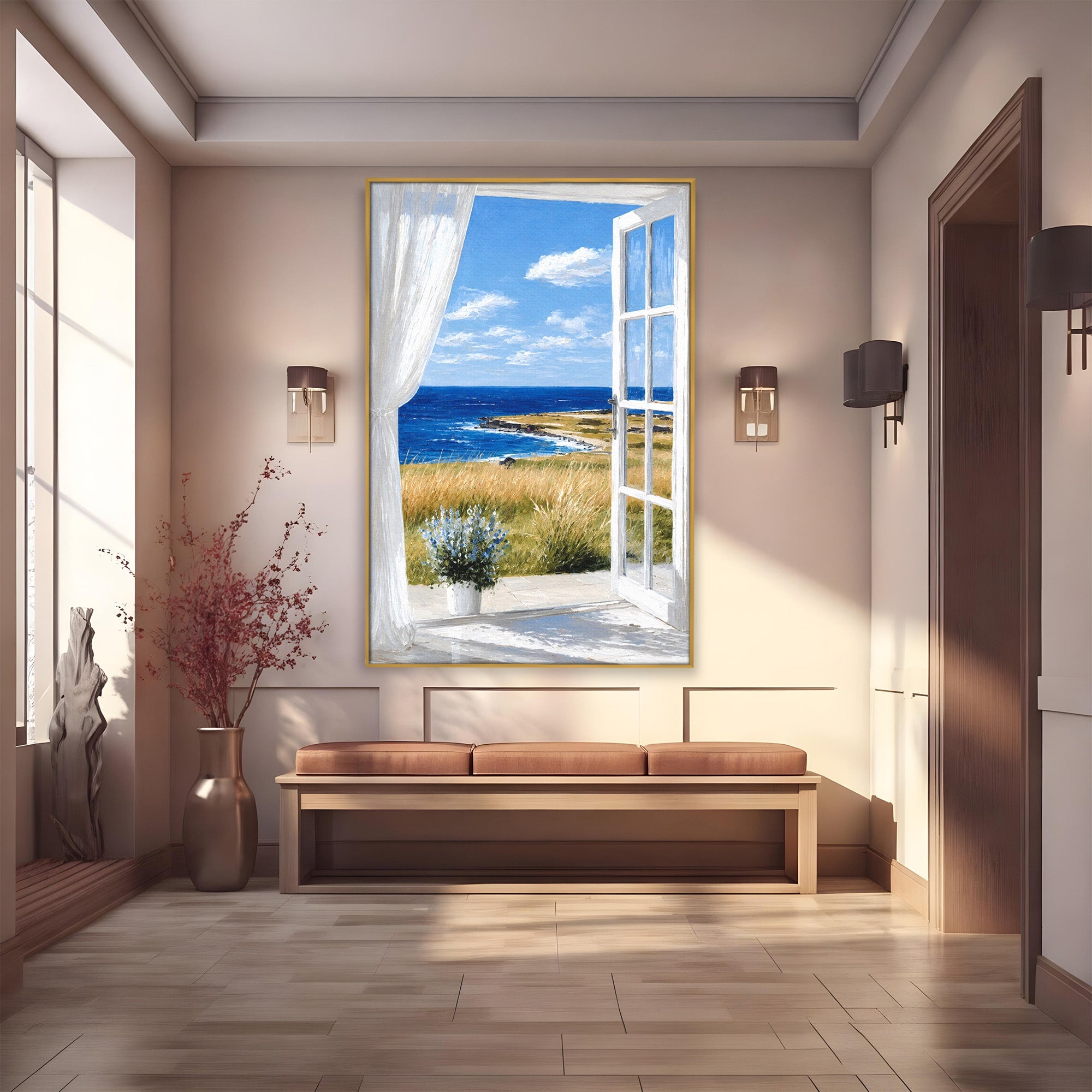 Tablou Canvas Premium LuxCanva® A1691, Vedere Spre Mare, Peisaj, Mare, Fereastra, Living, Relaxare, Culori Vibrante