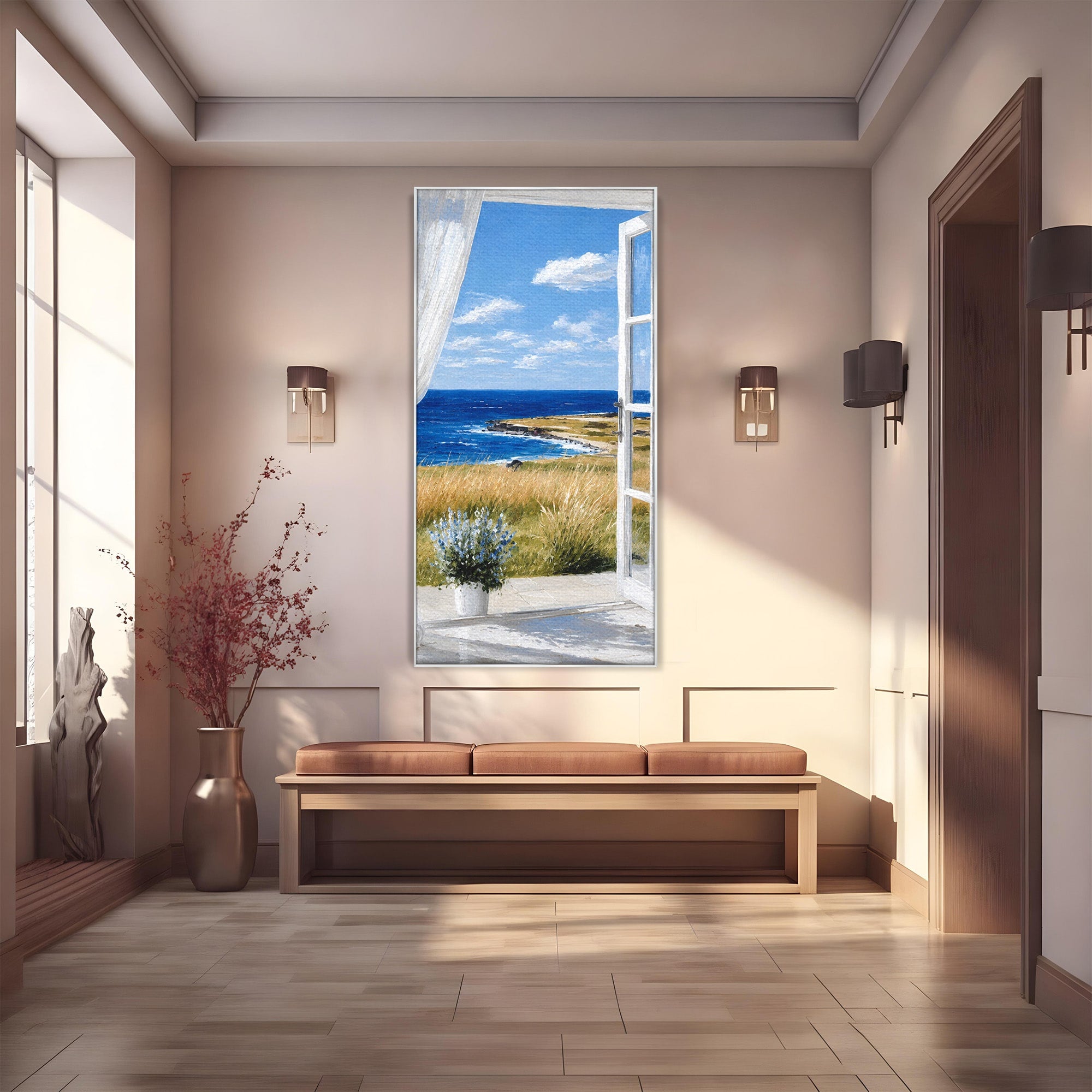 Tablou Canvas Premium LuxCanva® A1691, Vedere Spre Mare, Peisaj, Mare, Fereastra, Living, Relaxare, Culori Vibrante