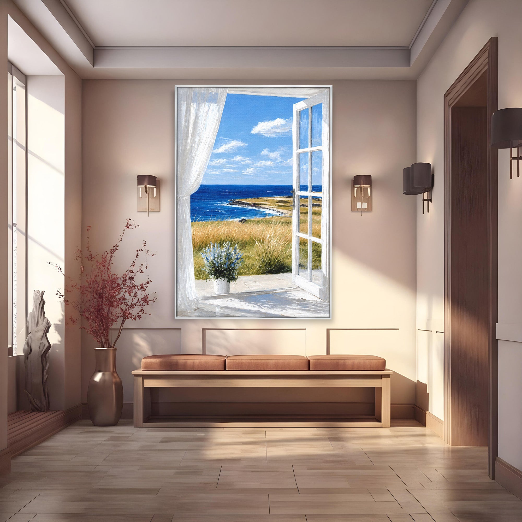 Tablou Canvas Premium LuxCanva® A1691, Vedere Spre Mare, Peisaj, Mare, Fereastra, Living, Relaxare, Culori Vibrante
