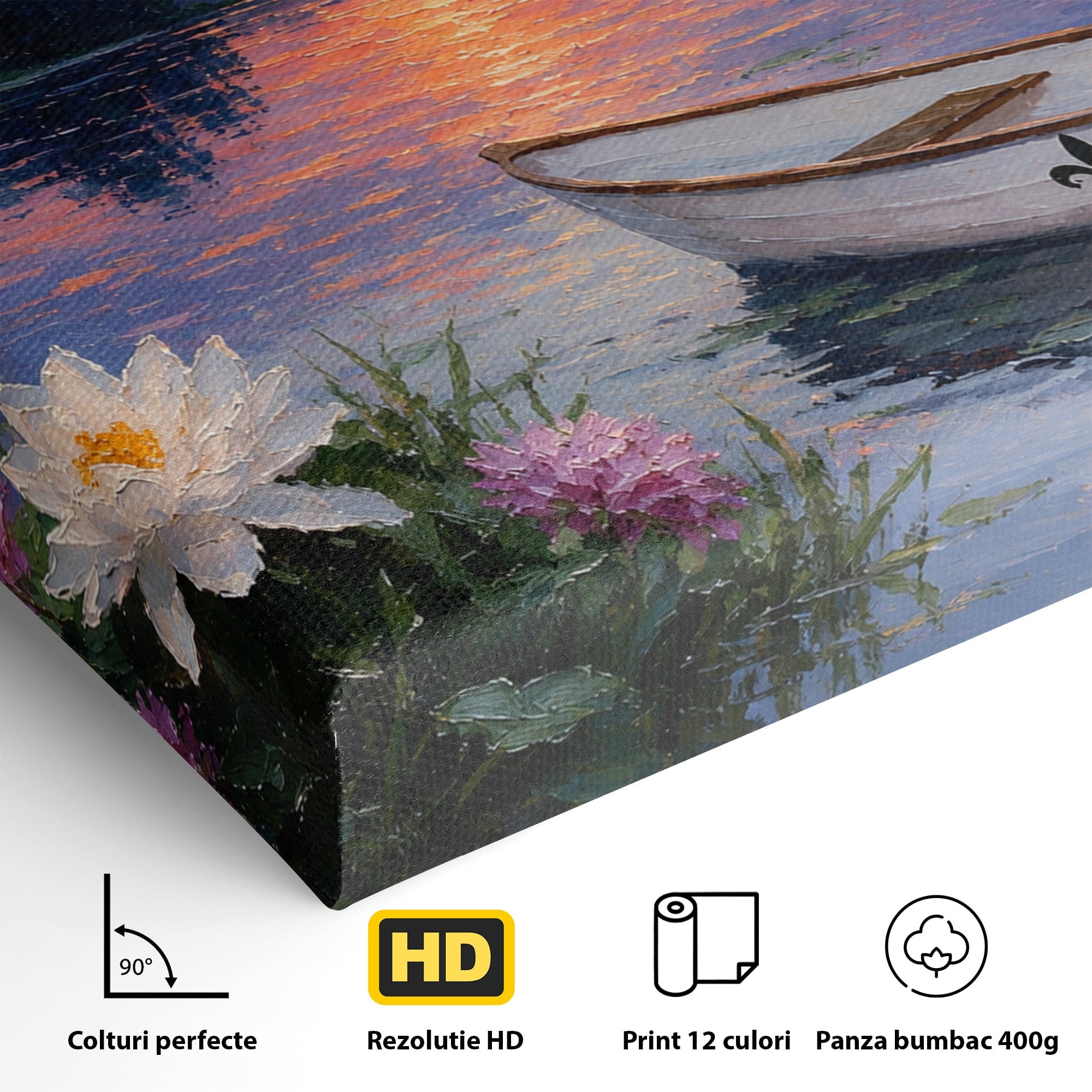 Tablou Canvas Premium LuxCanva® A1692, Barca Pe Lac La Apus, Barca, Lac, Apus, Natura, Flori, Living, Culori Vibrante