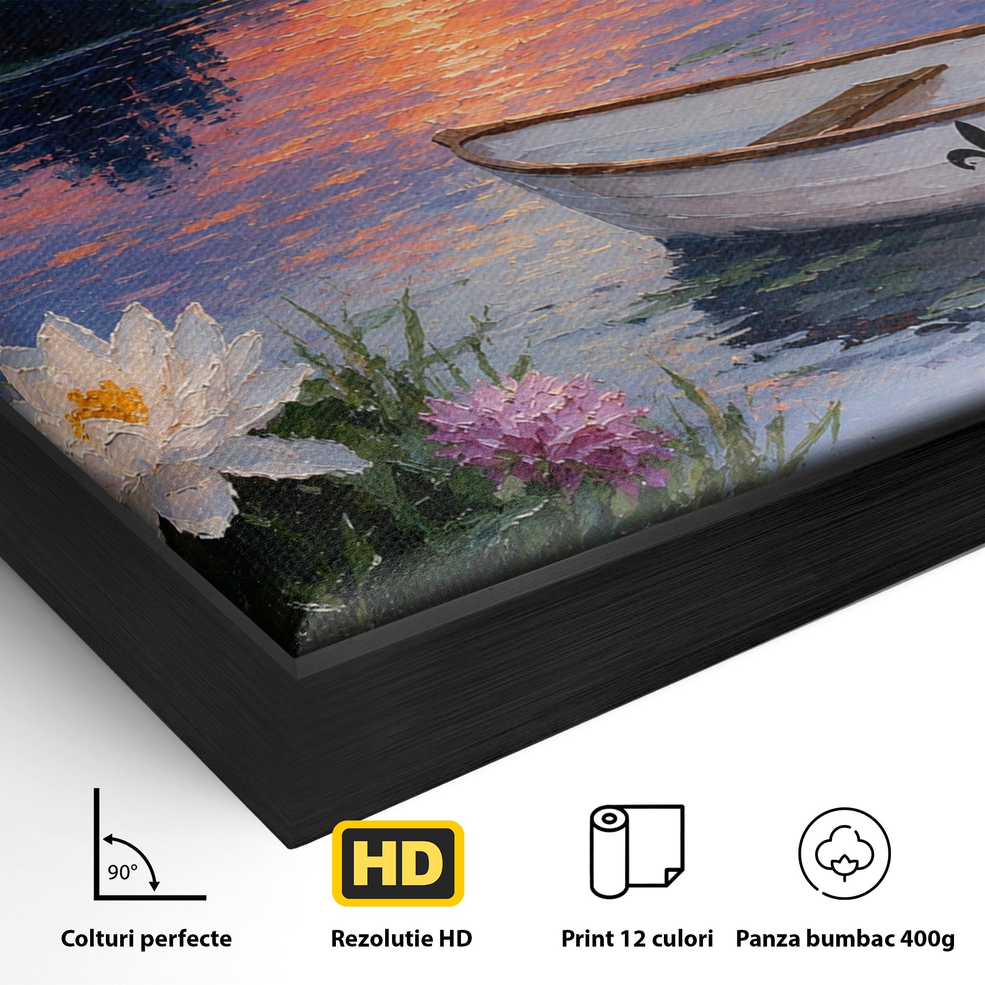 Tablou Canvas Premium LuxCanva® A1692, Barca Pe Lac La Apus, Barca, Lac, Apus, Natura, Flori, Living, Culori Vibrante