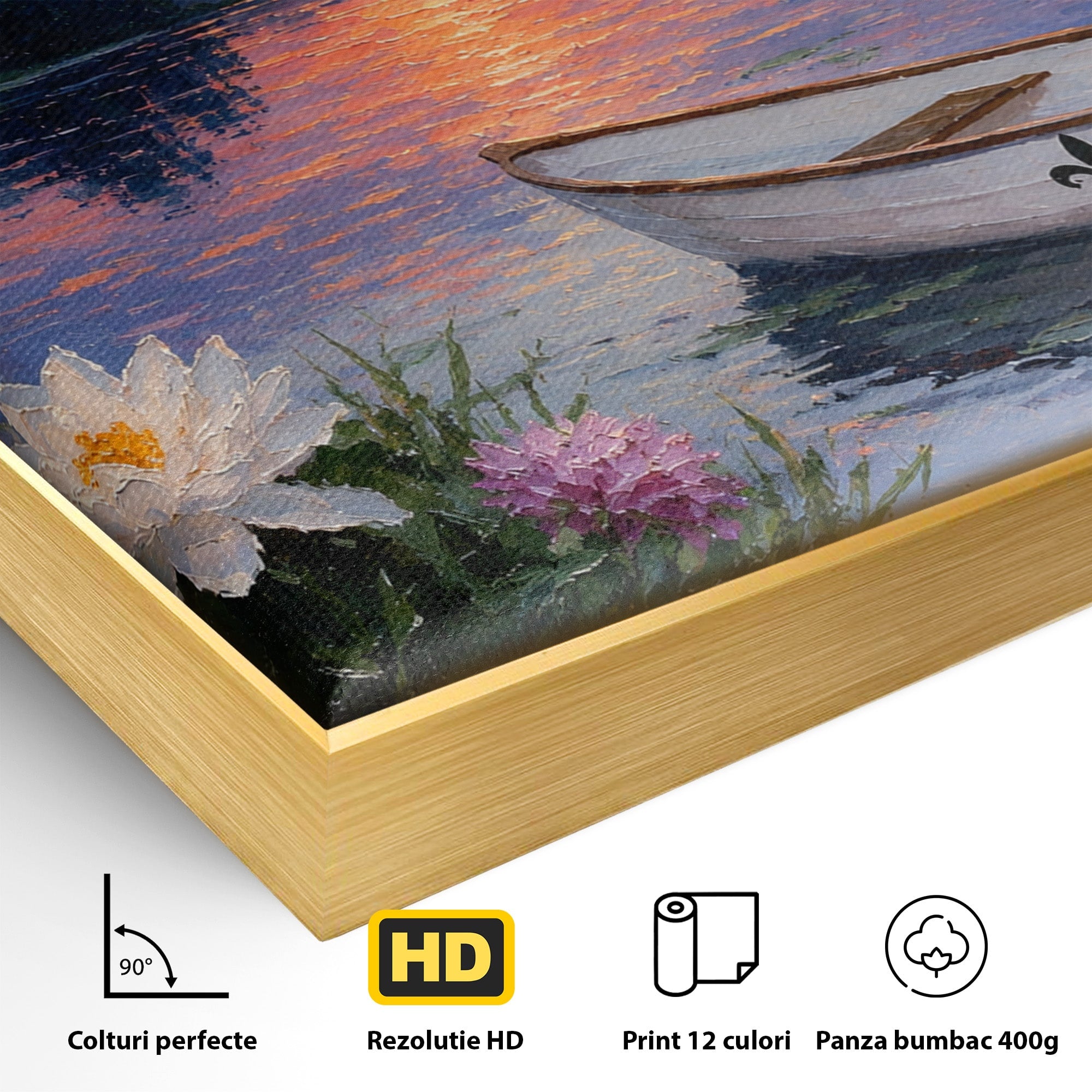 Tablou Canvas Premium LuxCanva® A1692, Barca Pe Lac La Apus, Barca, Lac, Apus, Natura, Flori, Living, Culori Vibrante