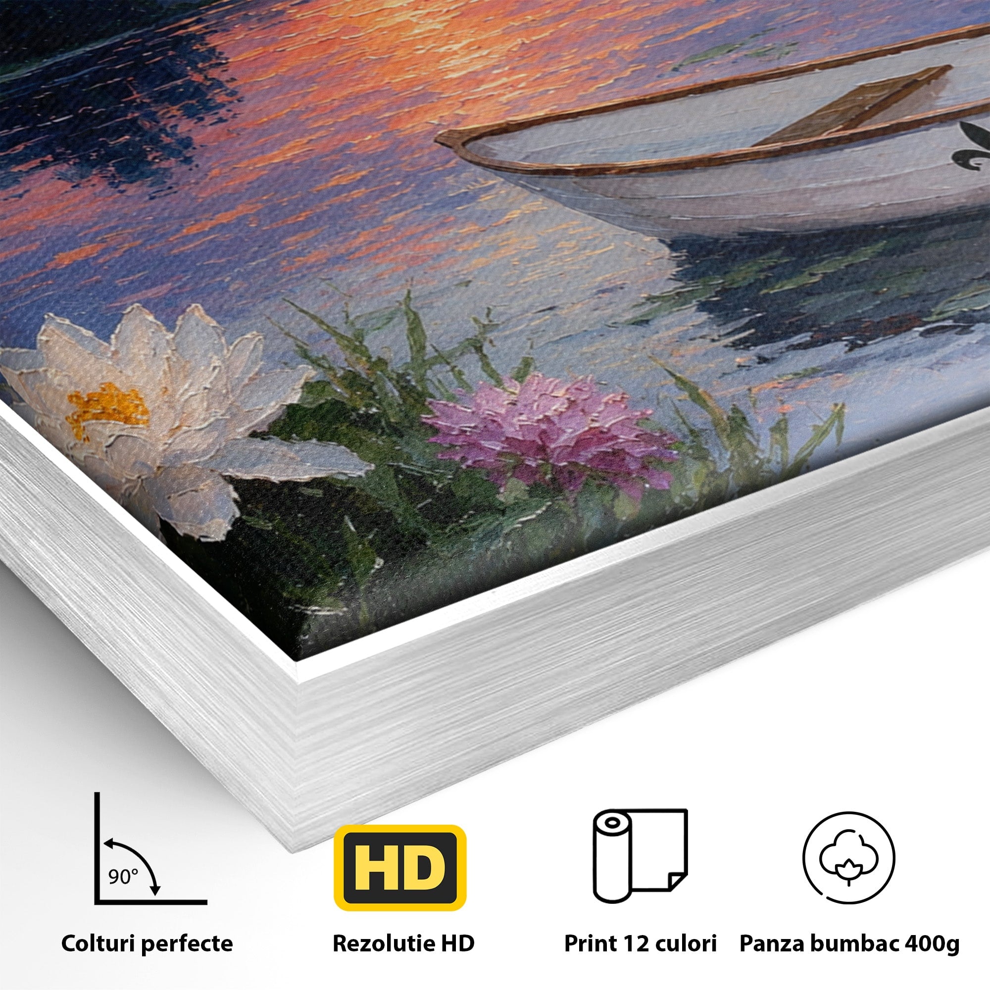 Tablou Canvas Premium LuxCanva® A1692, Barca Pe Lac La Apus, Barca, Lac, Apus, Natura, Flori, Living, Culori Vibrante