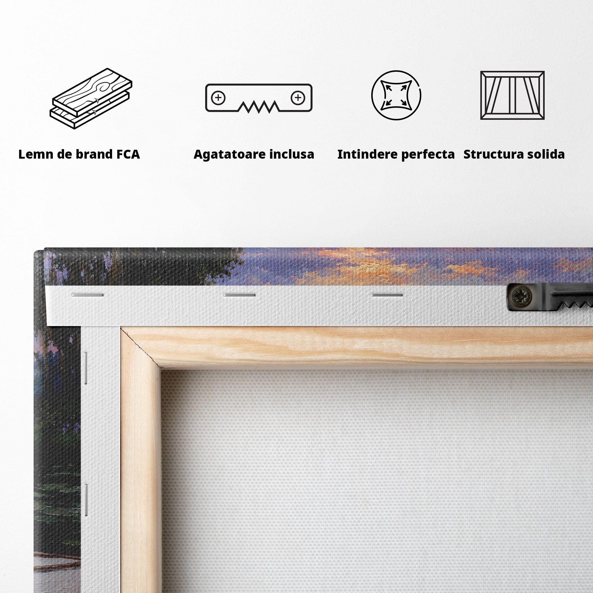 Tablou Canvas Premium LuxCanva® A1692, Barca Pe Lac La Apus, Barca, Lac, Apus, Natura, Flori, Living, Culori Vibrante