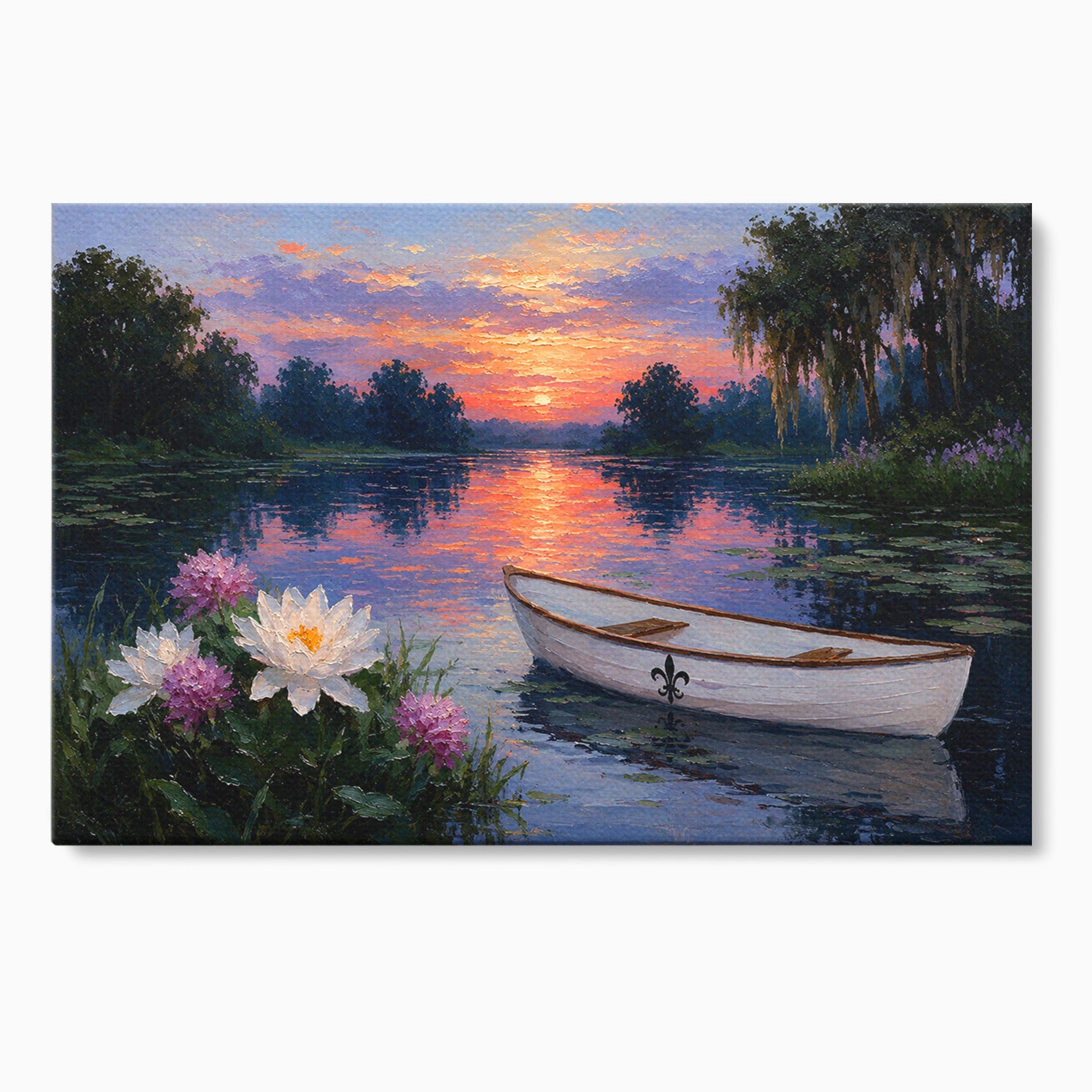 Tablou Canvas Premium LuxCanva® A1692, Barca Pe Lac La Apus, Barca, Lac, Apus, Natura, Flori, Living, Culori Vibrante