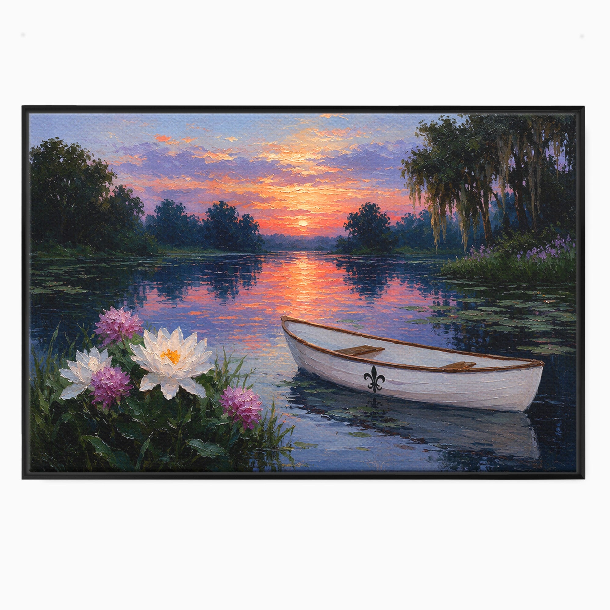 Tablou Canvas Premium LuxCanva® A1692, Barca Pe Lac La Apus, Barca, Lac, Apus, Natura, Flori, Living, Culori Vibrante