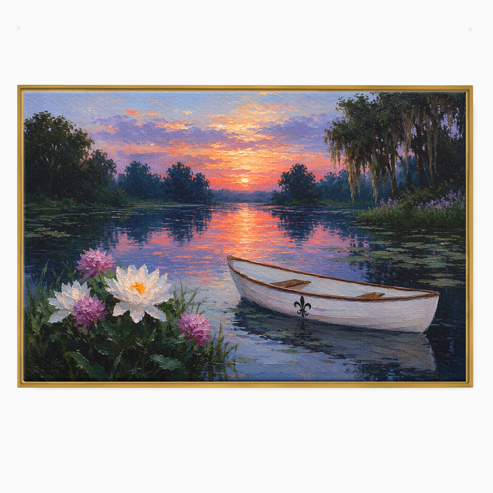 Tablou Canvas Premium LuxCanva® A1692, Barca Pe Lac La Apus, Barca, Lac, Apus, Natura, Flori, Living, Culori Vibrante