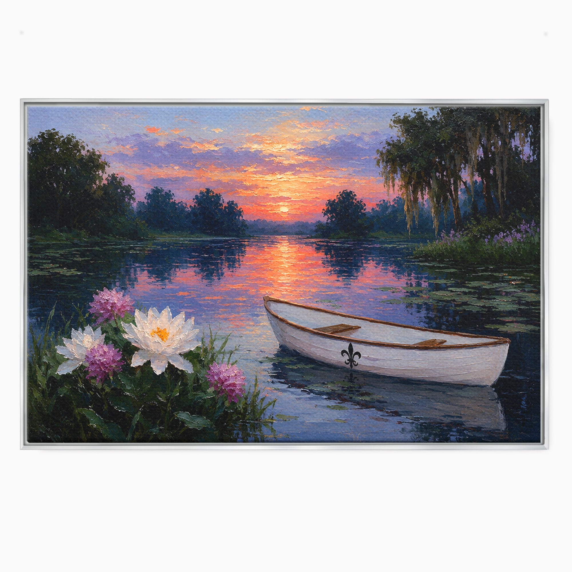 Tablou Canvas Premium LuxCanva® A1692, Barca Pe Lac La Apus, Barca, Lac, Apus, Natura, Flori, Living, Culori Vibrante