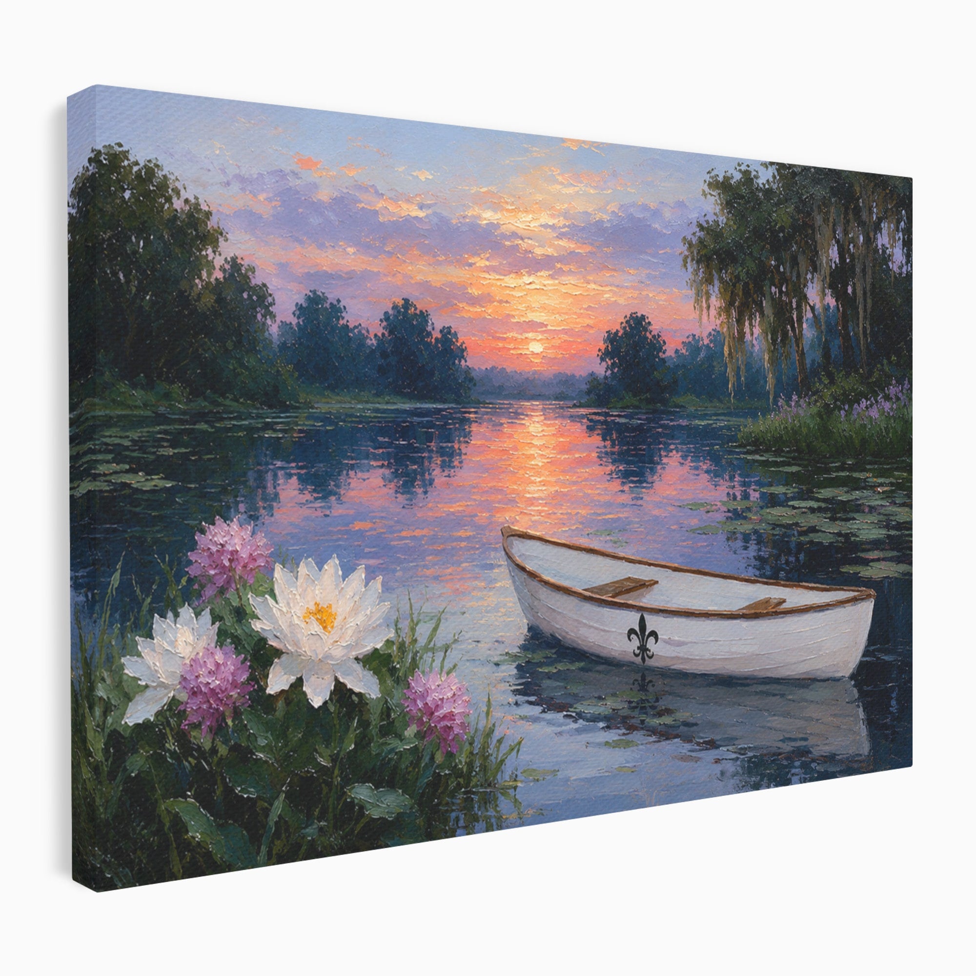 Tablou Canvas Premium LuxCanva® A1692, Barca Pe Lac La Apus, Barca, Lac, Apus, Natura, Flori, Living, Culori Vibrante