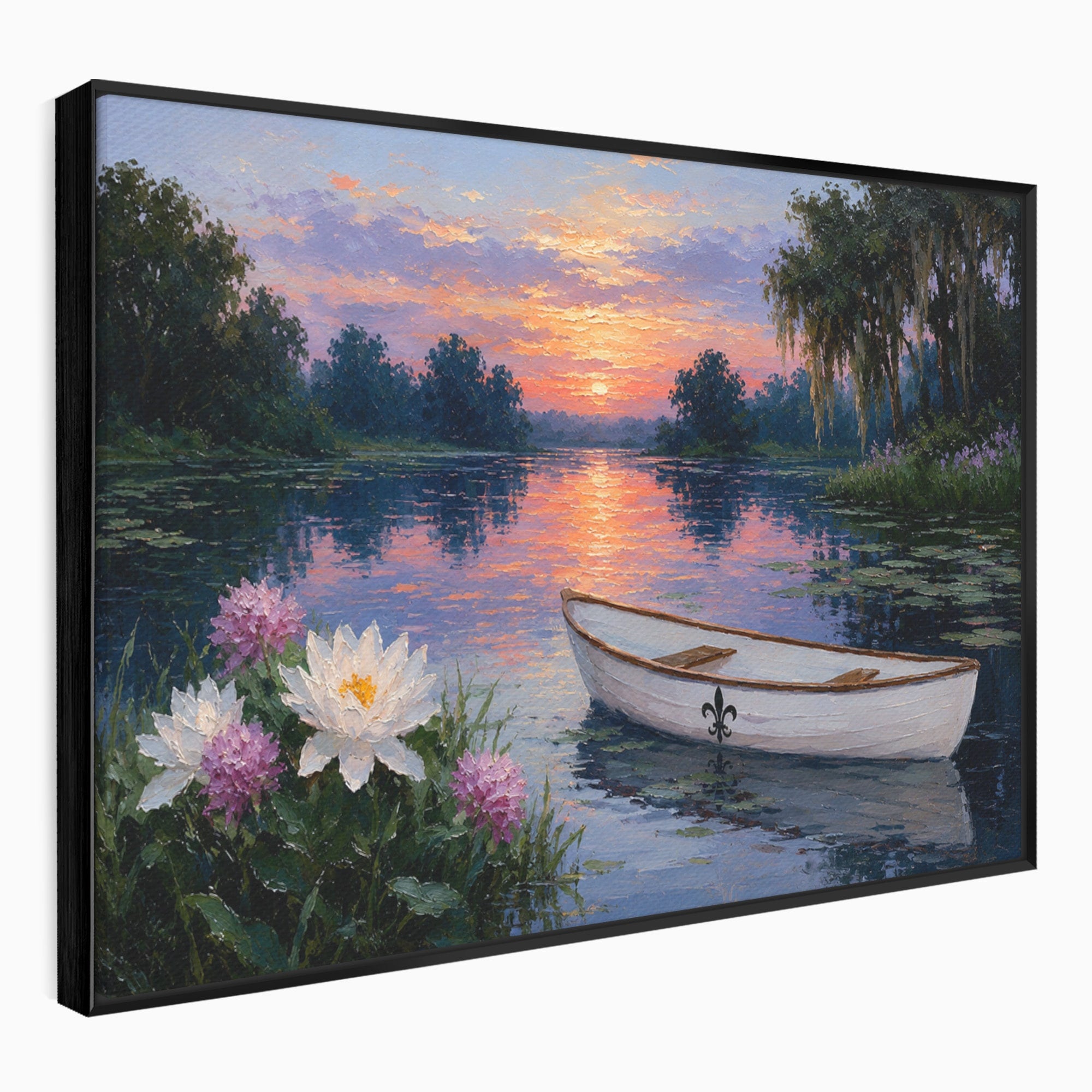 Tablou Canvas Premium LuxCanva® A1692, Barca Pe Lac La Apus, Barca, Lac, Apus, Natura, Flori, Living, Culori Vibrante