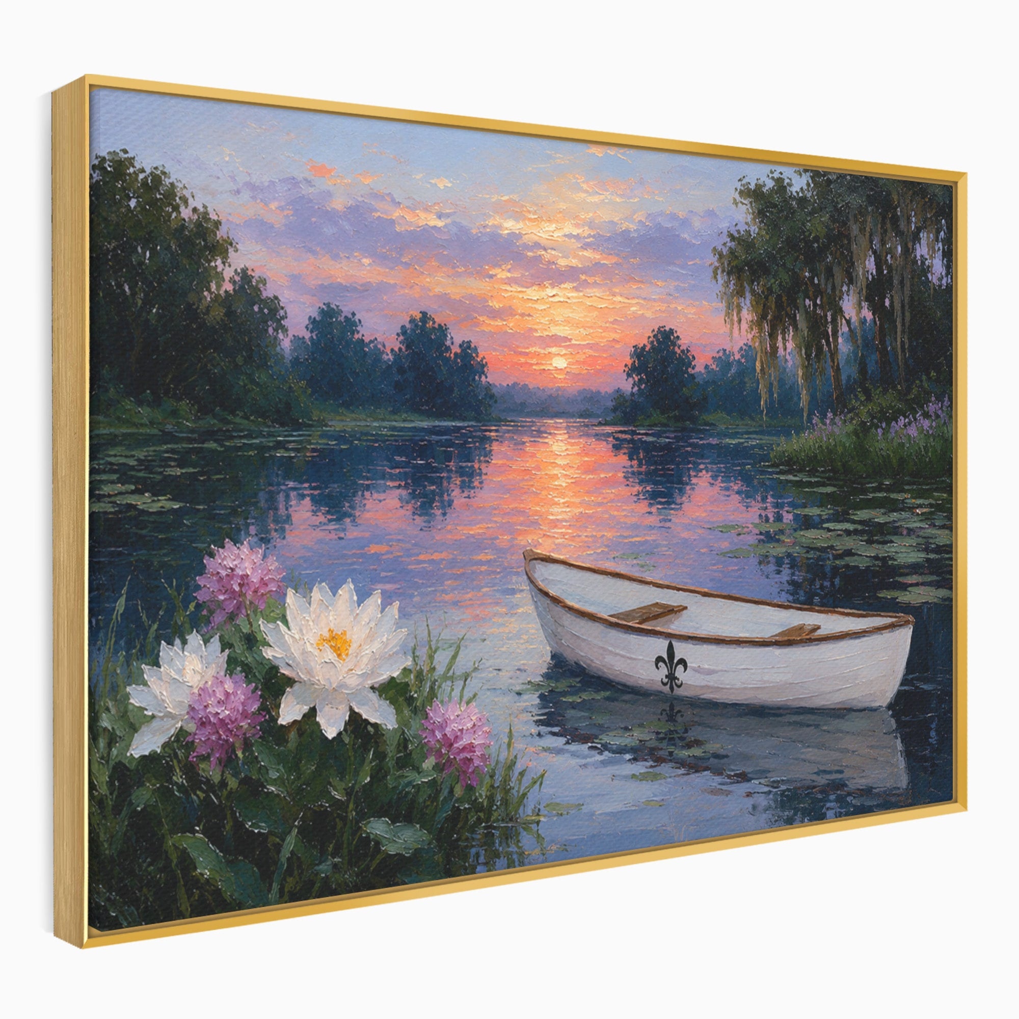 Tablou Canvas Premium LuxCanva® A1692, Barca Pe Lac La Apus, Barca, Lac, Apus, Natura, Flori, Living, Culori Vibrante