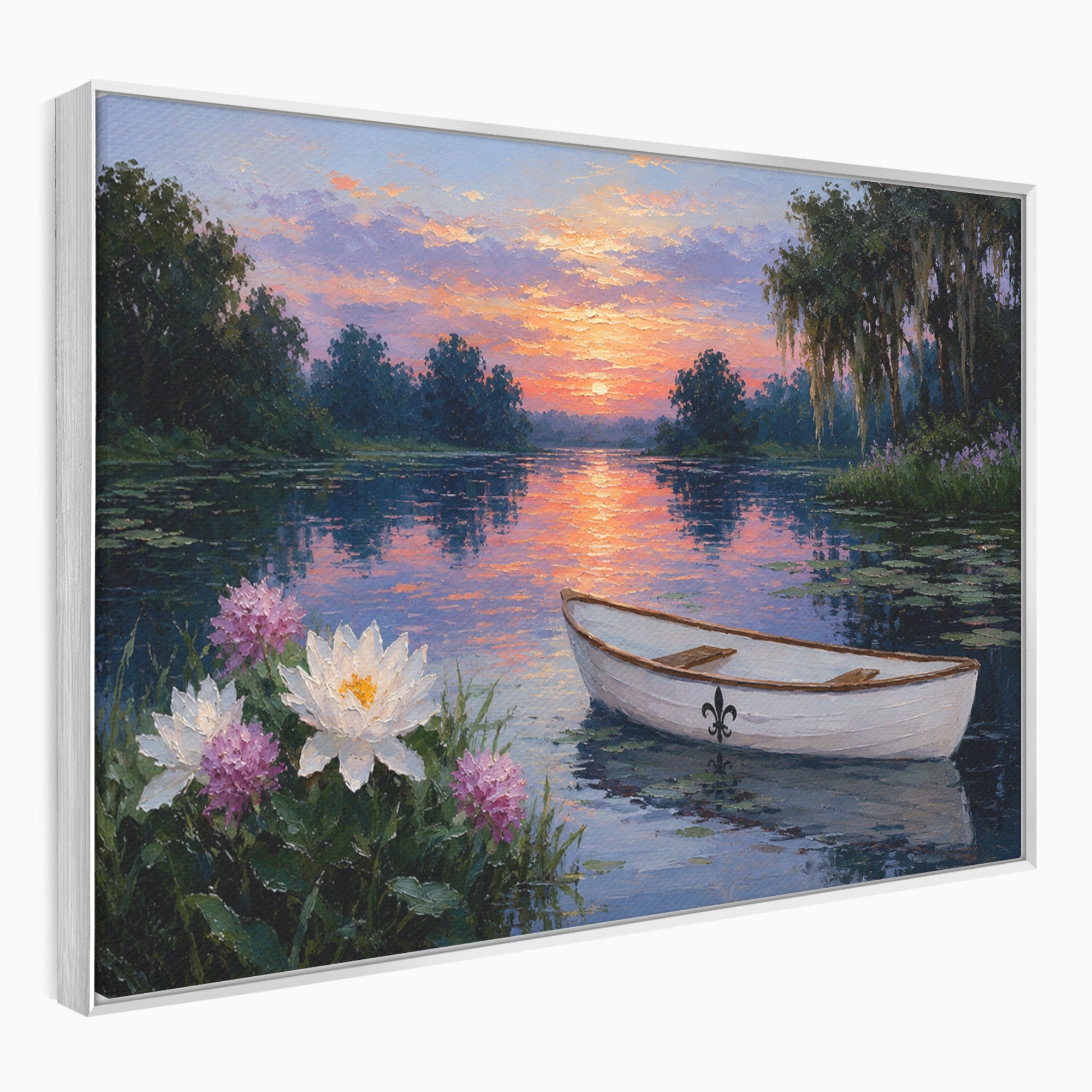Tablou Canvas Premium LuxCanva® A1692, Barca Pe Lac La Apus, Barca, Lac, Apus, Natura, Flori, Living, Culori Vibrante