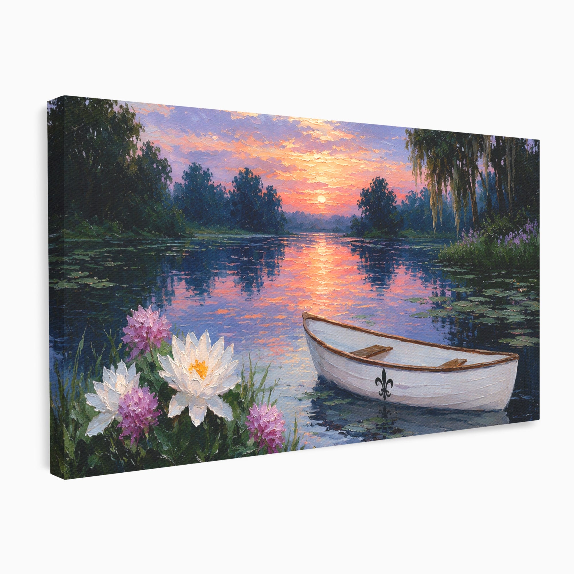 Tablou Canvas Premium LuxCanva® A1692, Barca Pe Lac La Apus, Barca, Lac, Apus, Natura, Flori, Living, Culori Vibrante