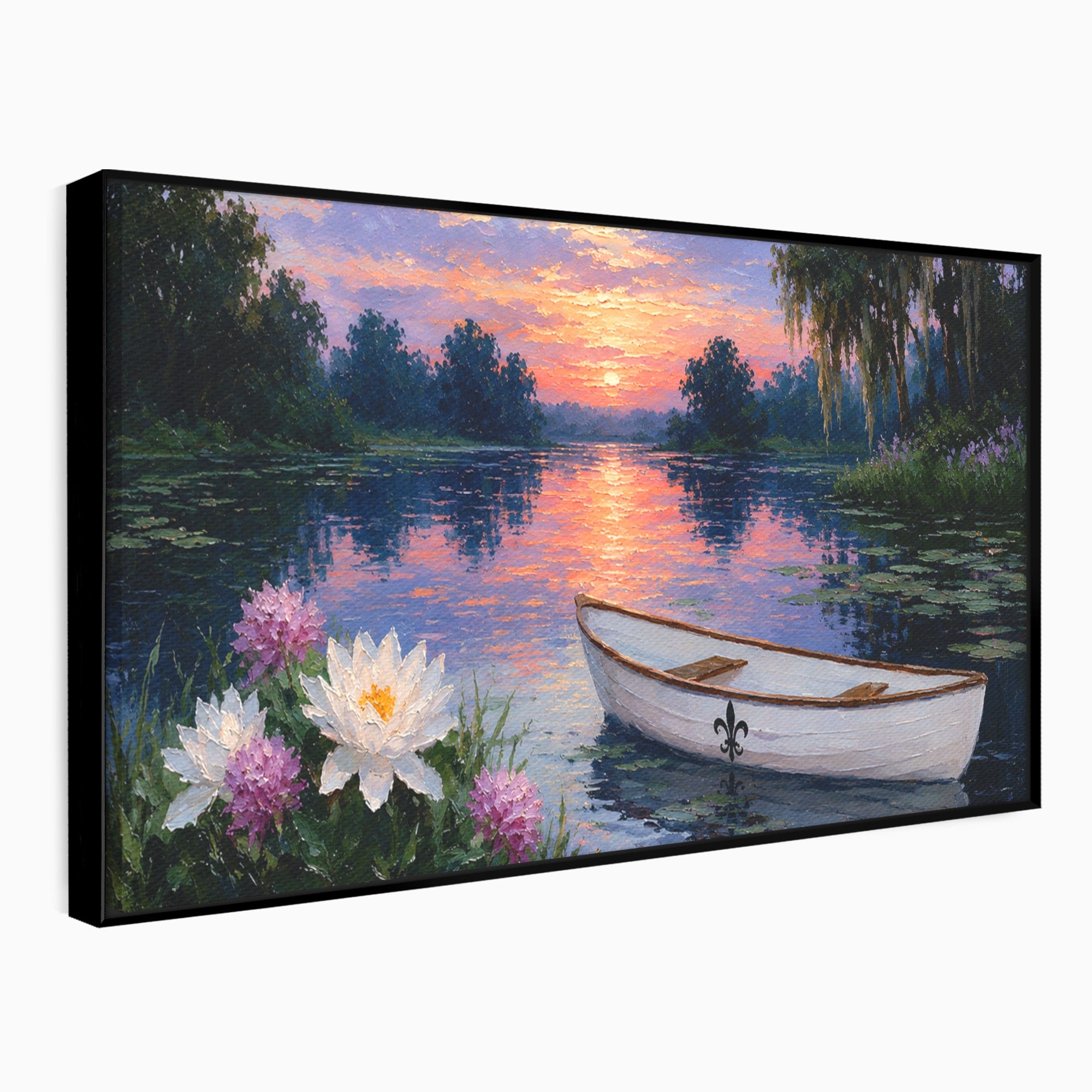 Tablou Canvas Premium LuxCanva® A1692, Barca Pe Lac La Apus, Barca, Lac, Apus, Natura, Flori, Living, Culori Vibrante