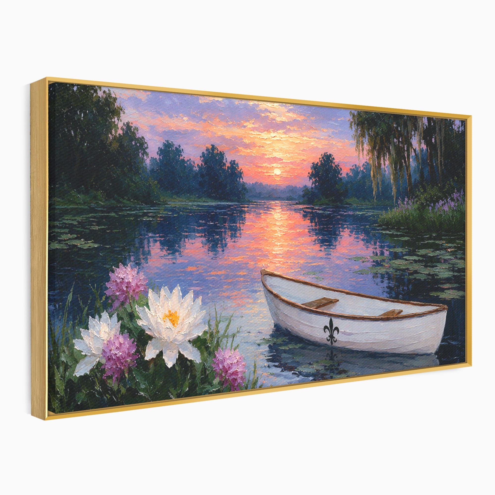 Tablou Canvas Premium LuxCanva® A1692, Barca Pe Lac La Apus, Barca, Lac, Apus, Natura, Flori, Living, Culori Vibrante