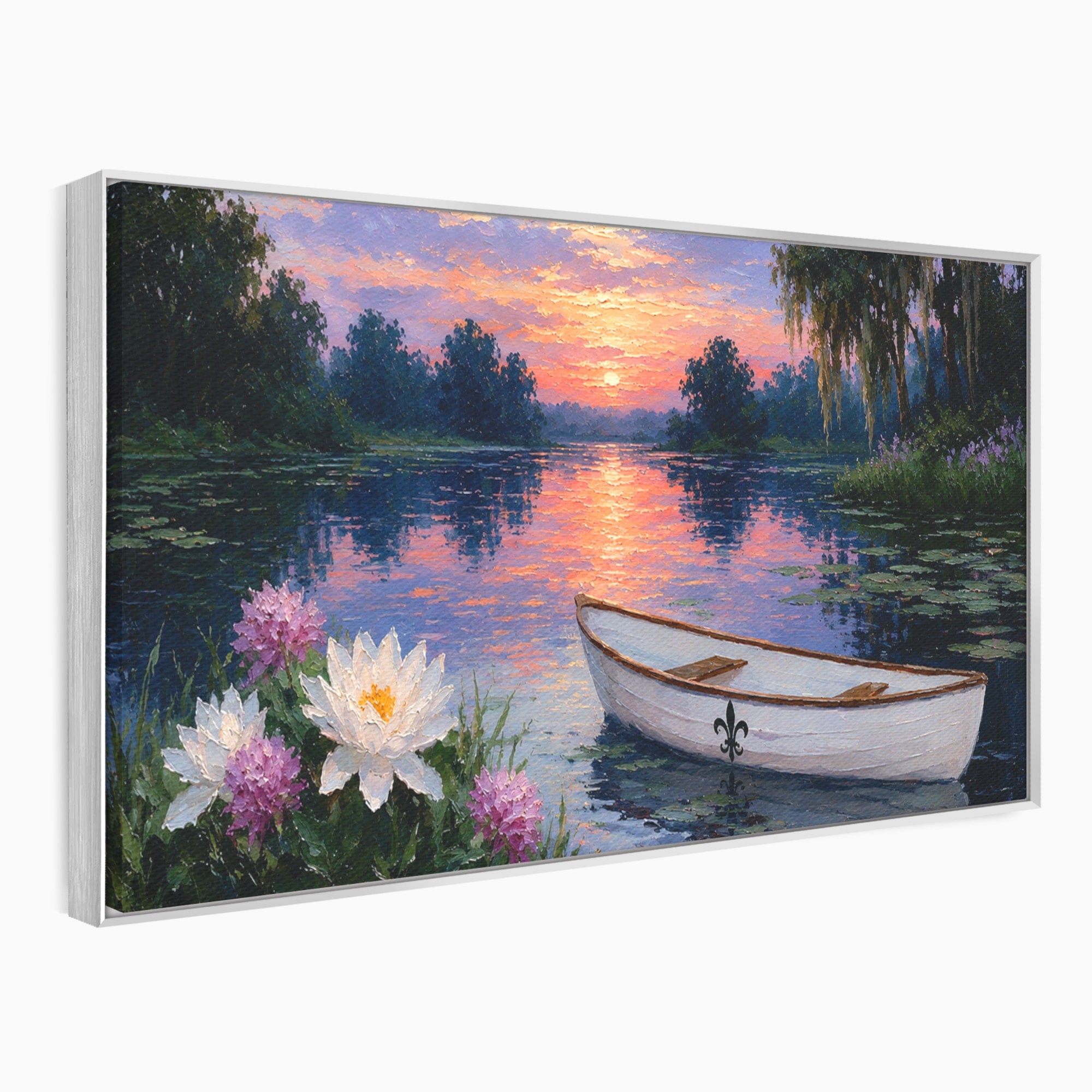 Tablou Canvas Premium LuxCanva® A1692, Barca Pe Lac La Apus, Barca, Lac, Apus, Natura, Flori, Living, Culori Vibrante