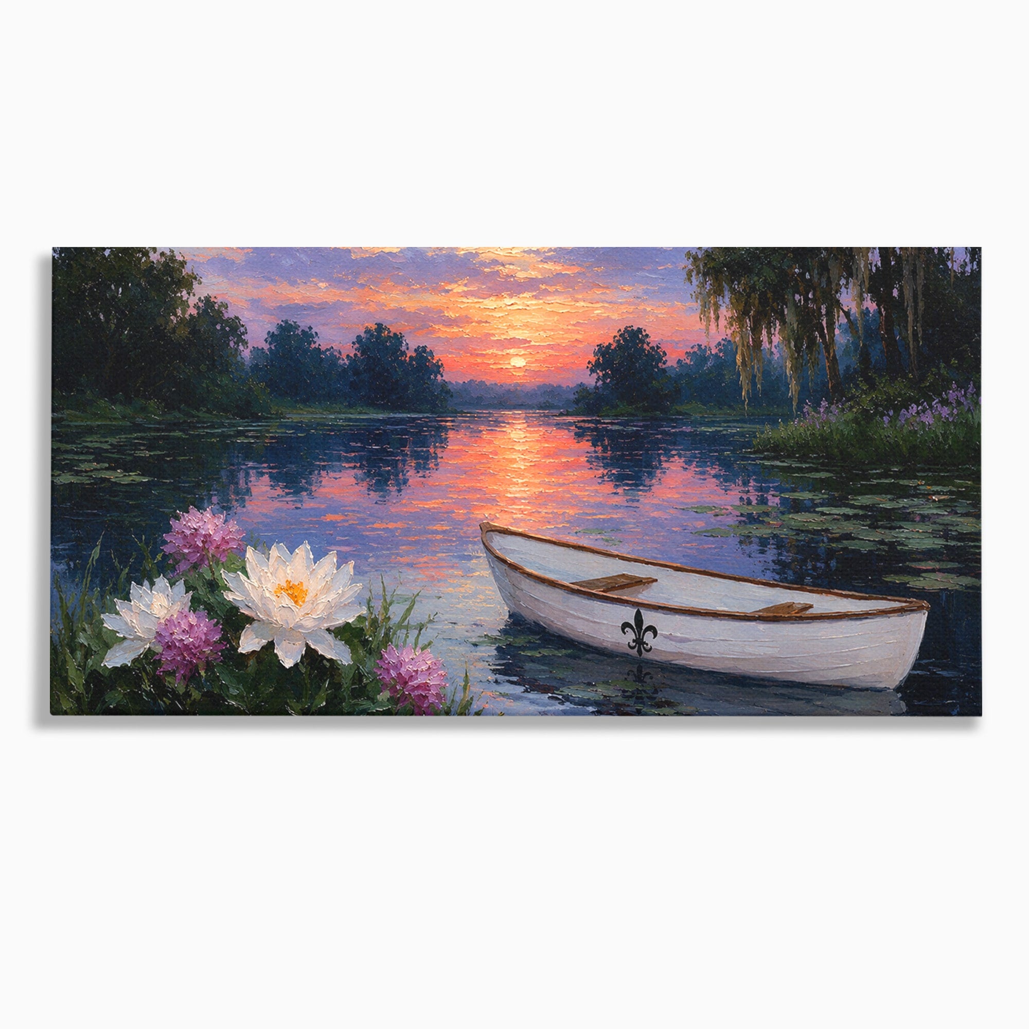 Tablou Canvas Premium LuxCanva® A1692, Barca Pe Lac La Apus, Barca, Lac, Apus, Natura, Flori, Living, Culori Vibrante