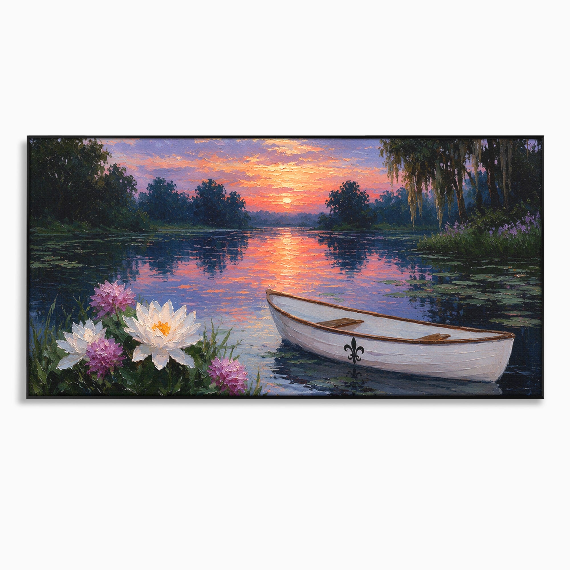 Tablou Canvas Premium LuxCanva® A1692, Barca Pe Lac La Apus, Barca, Lac, Apus, Natura, Flori, Living, Culori Vibrante