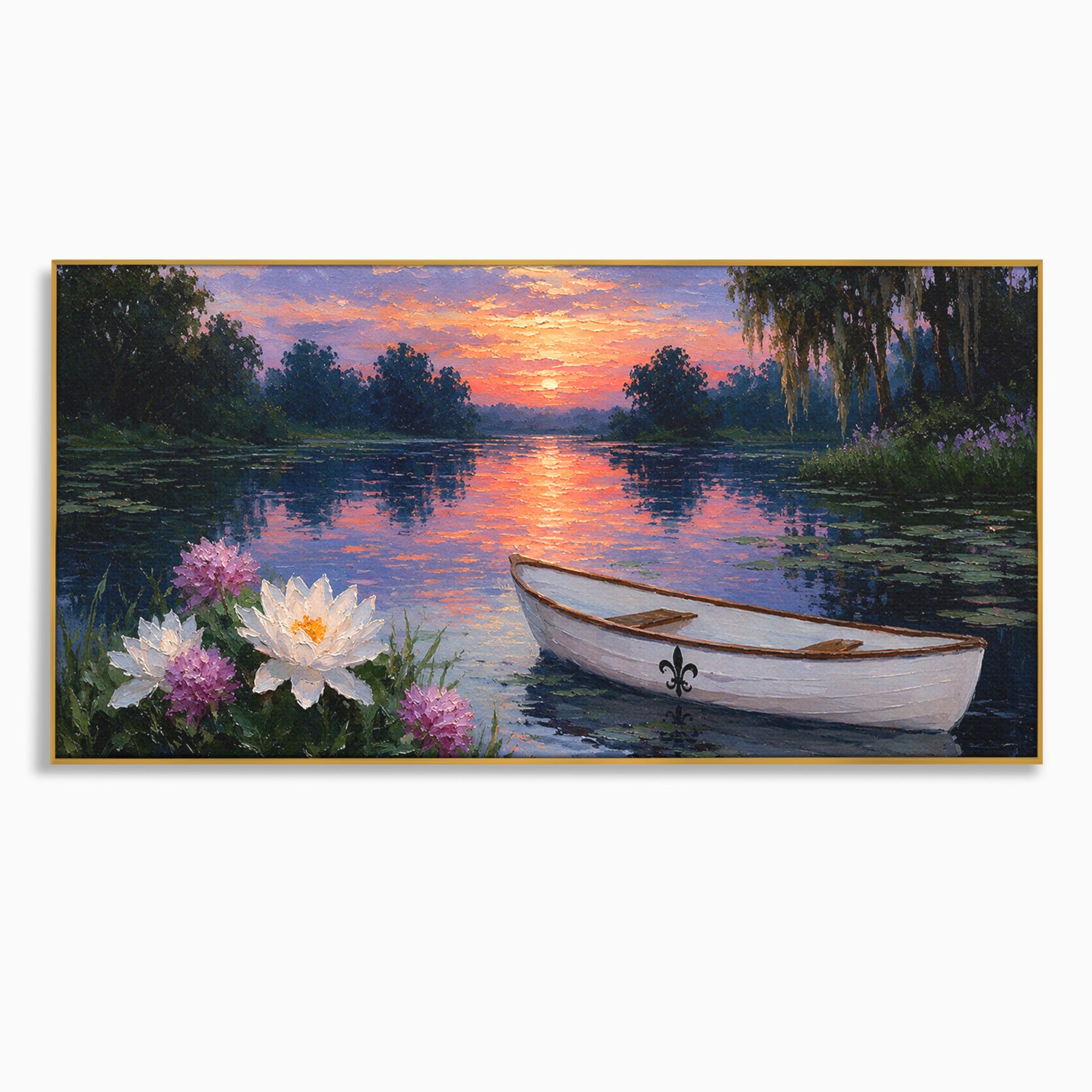 Tablou Canvas Premium LuxCanva® A1692, Barca Pe Lac La Apus, Barca, Lac, Apus, Natura, Flori, Living, Culori Vibrante