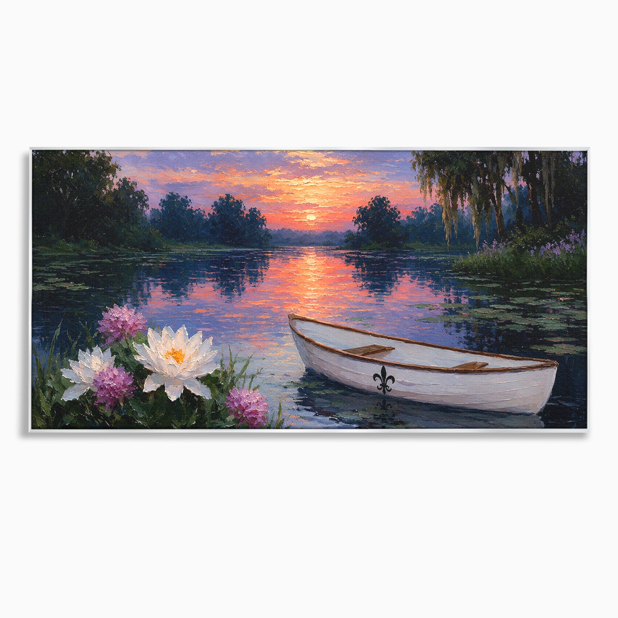 Tablou Canvas Premium LuxCanva® A1692, Barca Pe Lac La Apus, Barca, Lac, Apus, Natura, Flori, Living, Culori Vibrante