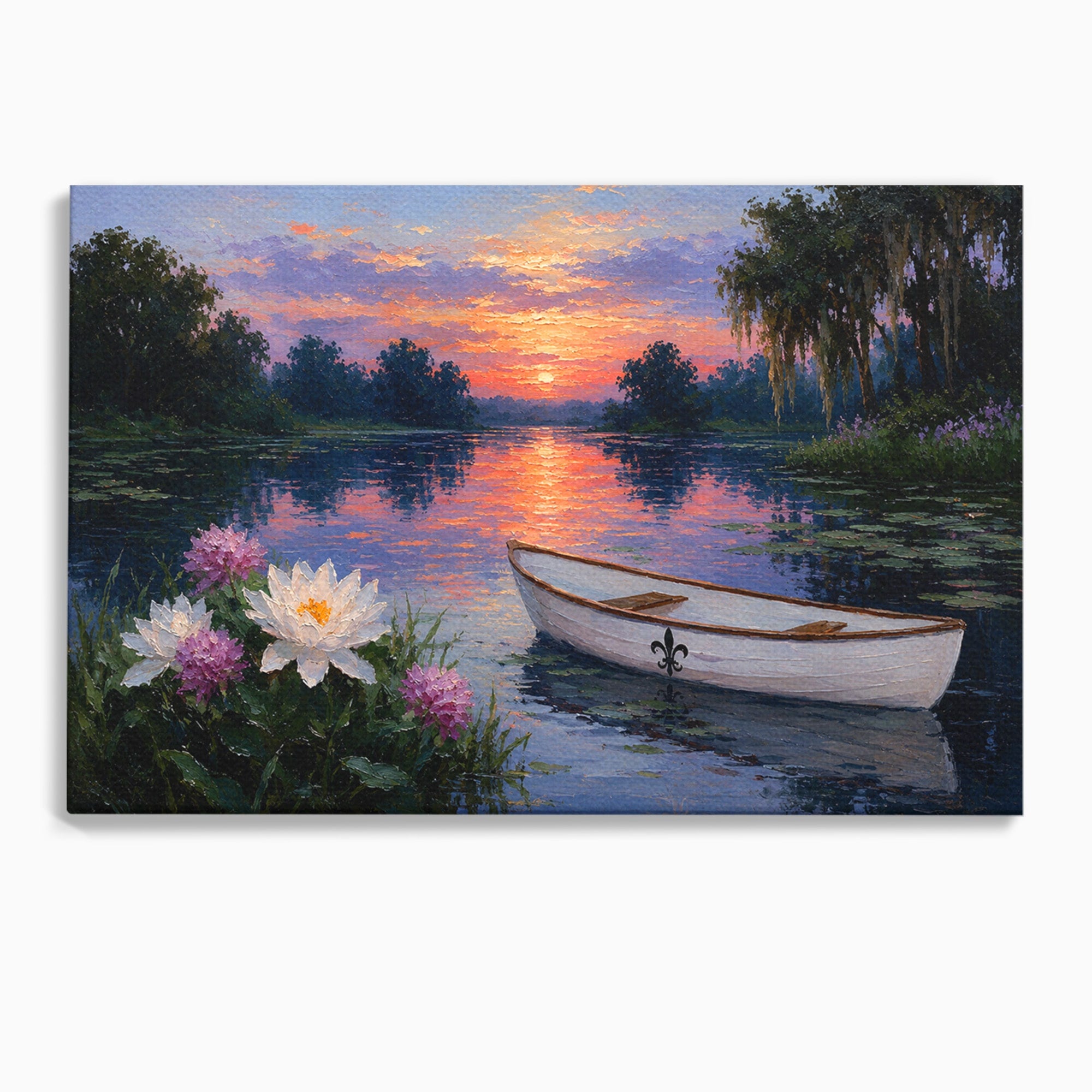 Tablou Canvas Premium LuxCanva® A1692, Barca Pe Lac La Apus, Barca, Lac, Apus, Natura, Flori, Living, Culori Vibrante