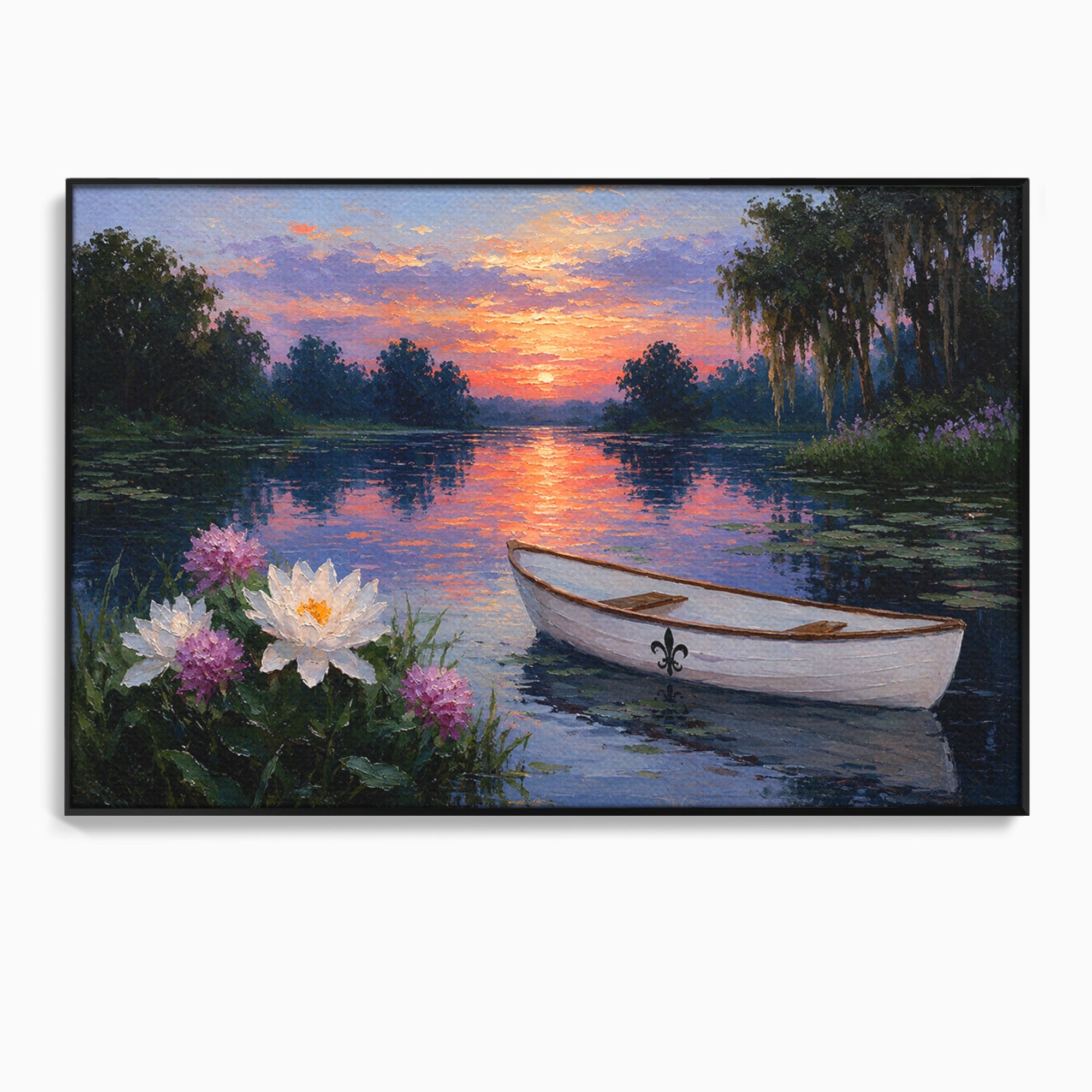 Tablou Canvas Premium LuxCanva® A1692, Barca Pe Lac La Apus, Barca, Lac, Apus, Natura, Flori, Living, Culori Vibrante