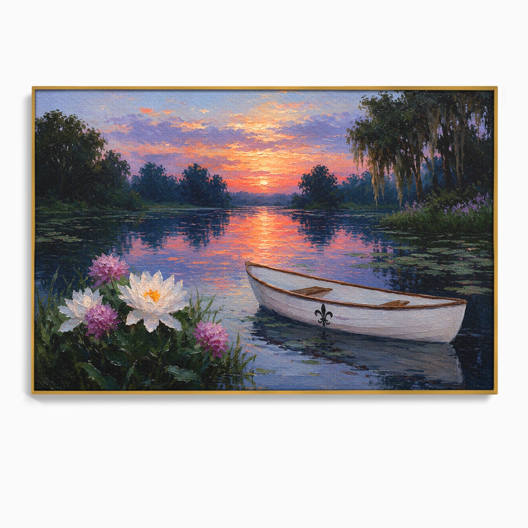 Tablou Canvas Premium LuxCanva® A1692, Barca Pe Lac La Apus, Barca, Lac, Apus, Natura, Flori, Living, Culori Vibrante